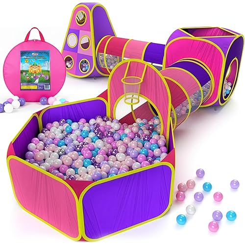 Playz 5pc Kids' Play Tents & Tunnels - Ball Pit for Toddlers, Basketball Hoop, Crawling Tubes, Pop-Up Playhouses, Baby Obstacle Course for Indoor or Outdoor Use