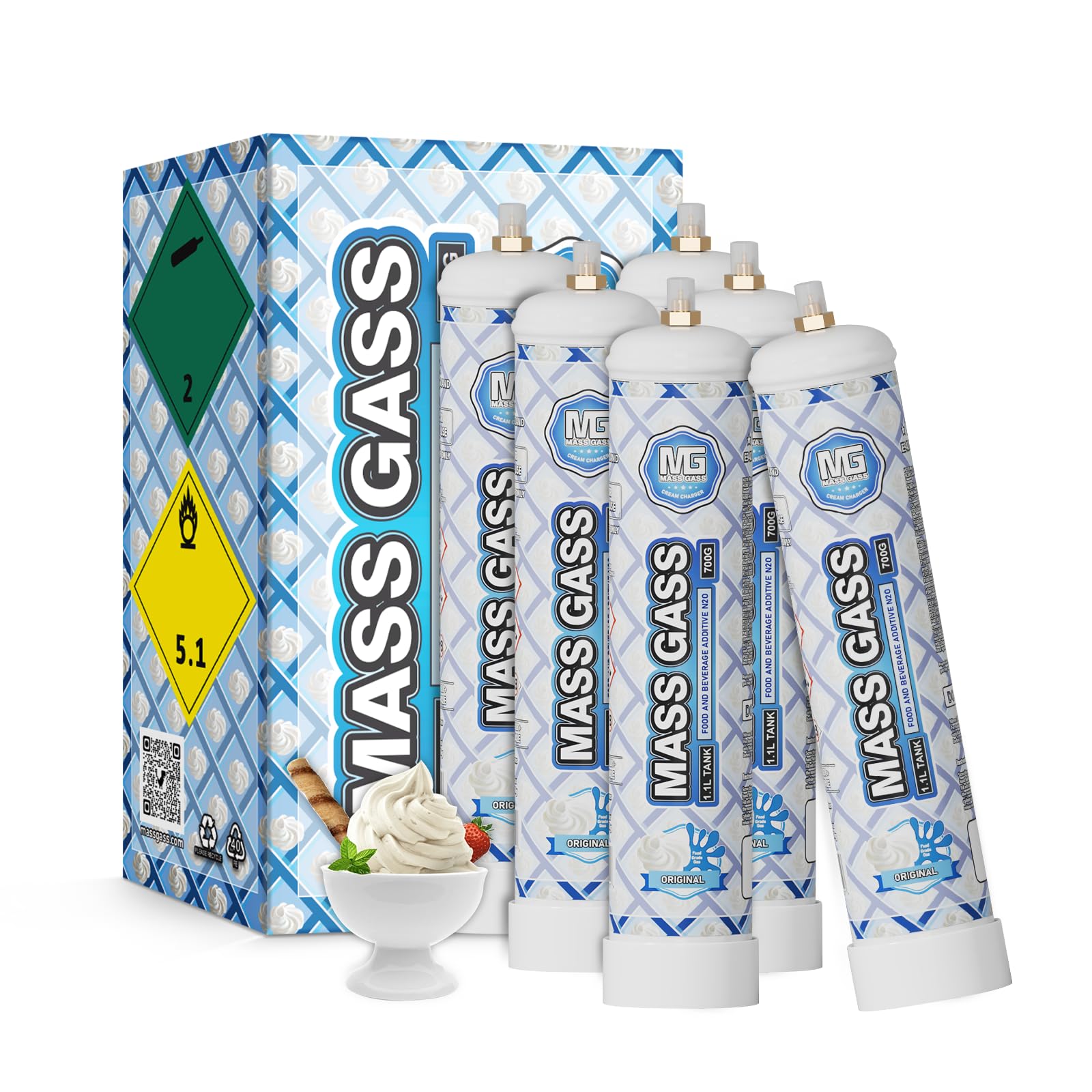 MassGass Whipped Cream Charger 1.1L 700g×6 Cream Charger Food Grade Pure Flavored 6-Pack