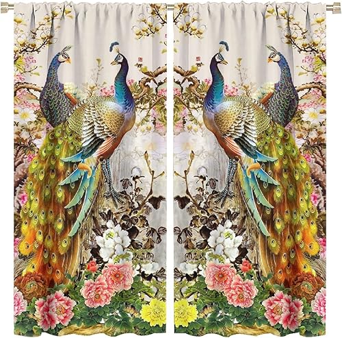 Miniatura 21 de Cortina opaca con estampado de pavo real, con estampado de animales retro, con bolsillo para cortinero y flores de peonía doradas, para dormitorio,