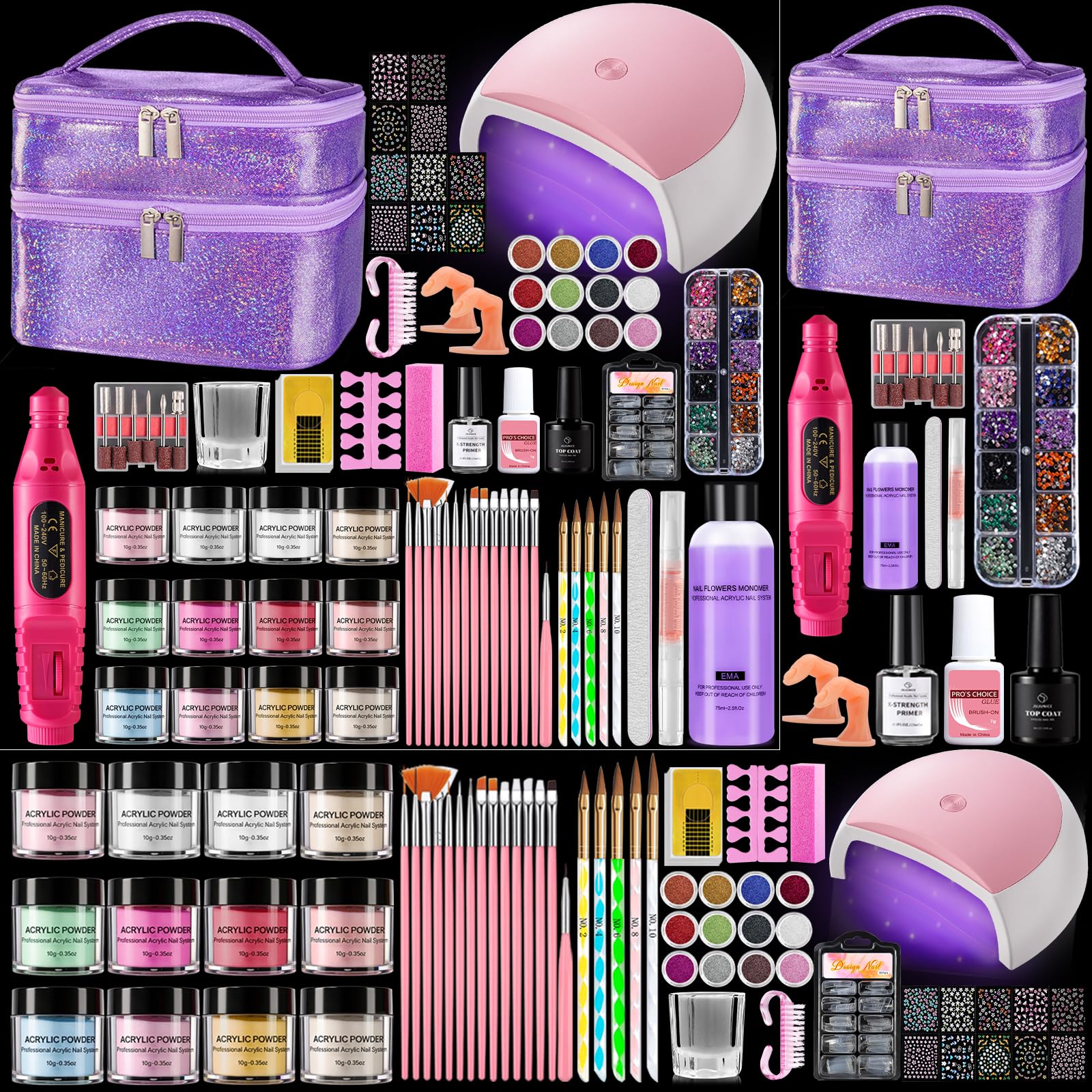 Yokilly Kit per unghie acriliche con tutto: set di polveri acriliche liquide per unghie in 12 colori, con pratica lampada per trapano a dito, set per principianti in sacchetto regalo glitterato, per