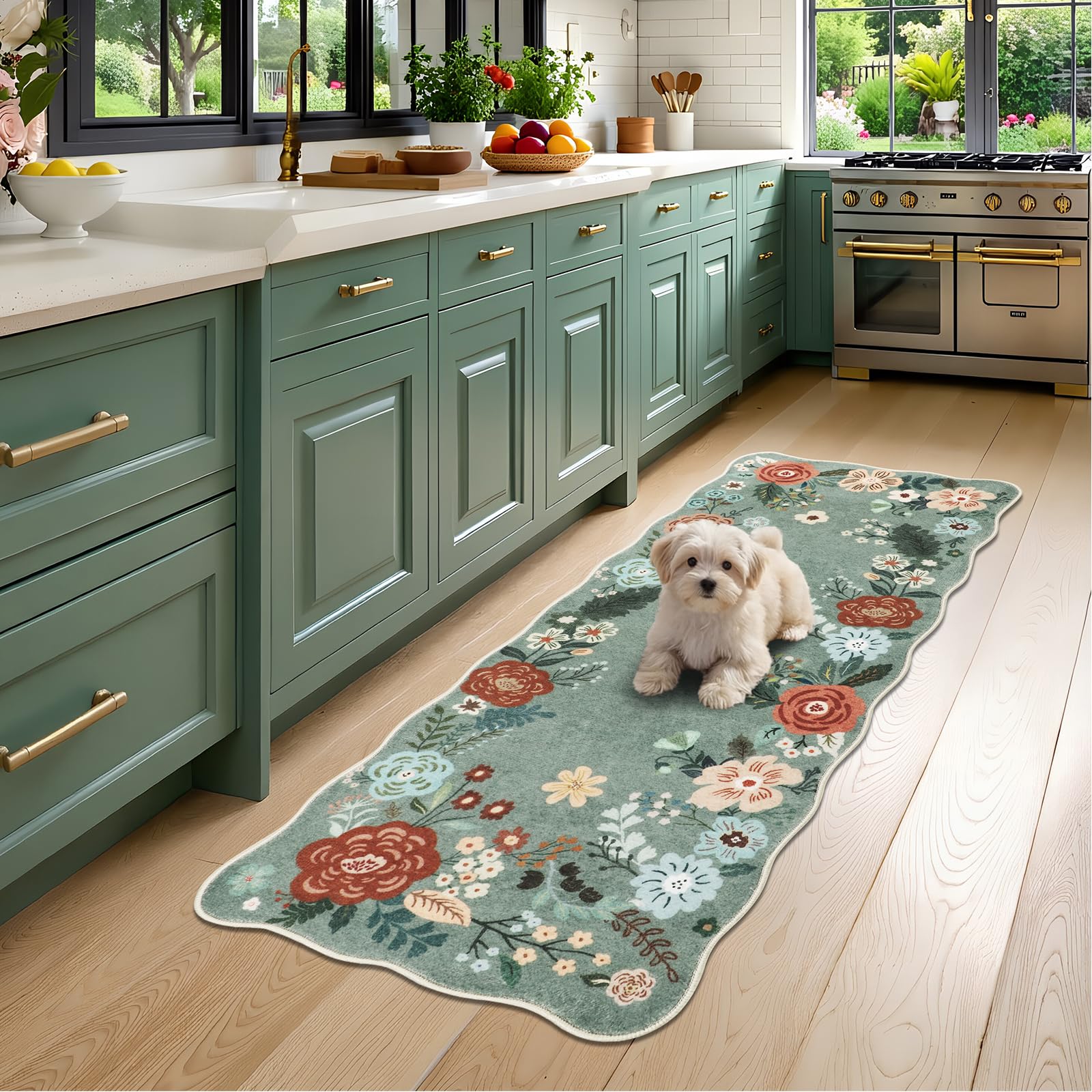IMIYOKU Sage Green Floral Kitchen Runner Rug, Non Slip Kitchen Floor Mat, Washable Stain resistance Carpet Runner Rugs, Soft Wave Edge Mats for Entryway Hallway Laundry Decoration 50x120cm