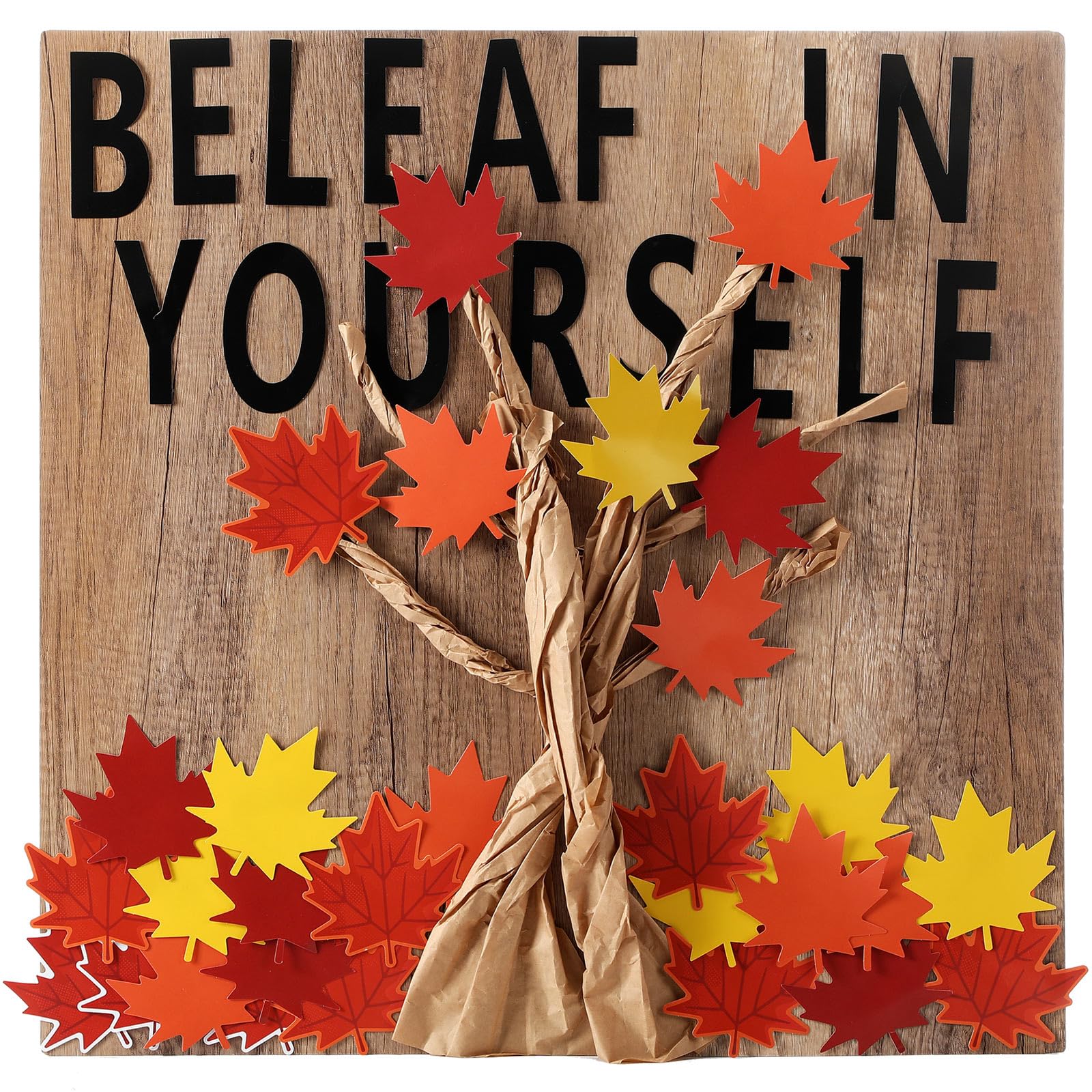 Mooliwe 100 Pcs Fall Tree Classroom Bulletin Board Decorations Pumpkin Maple Leaf Bulletin Board Paper Cutouts Be-Leaf in Yourself with Glue Points