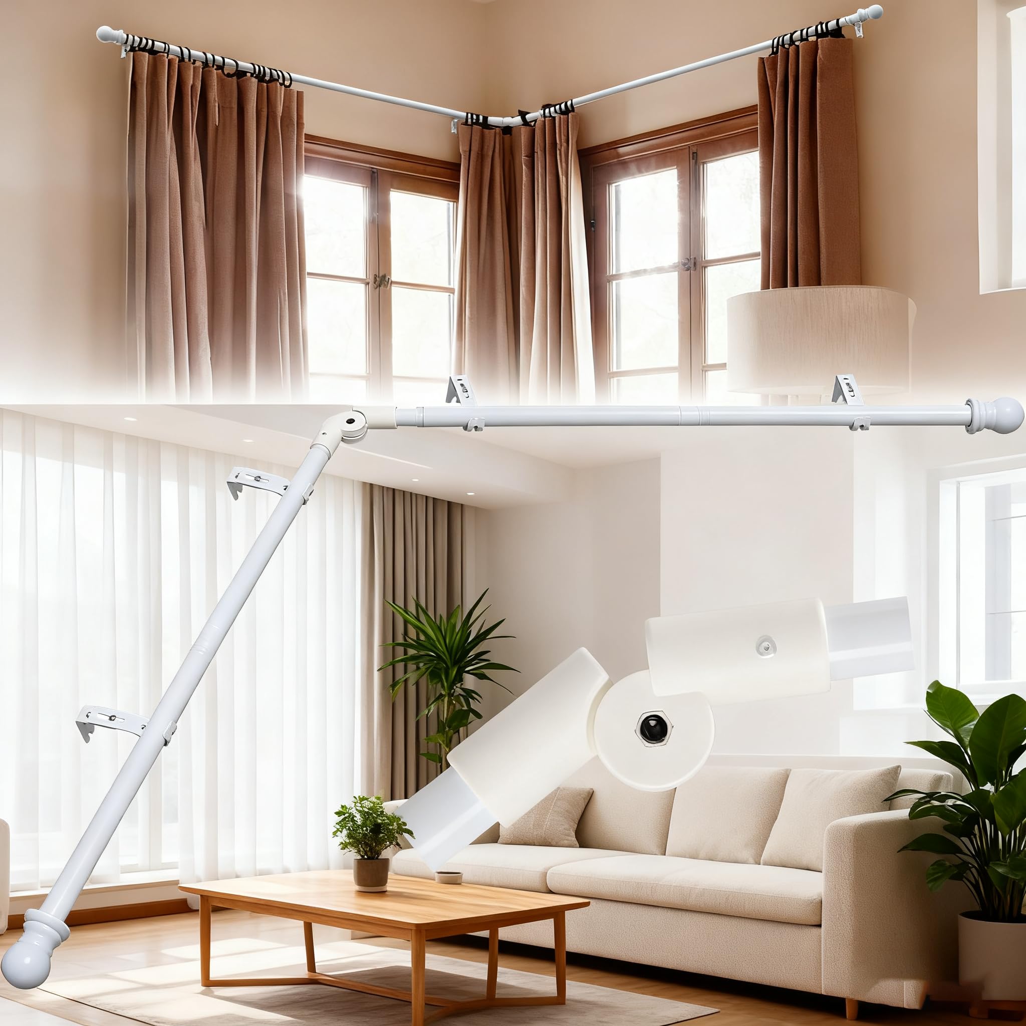 Bay window curtain rods, 1 Inch 3 Sides Adjustable Curved Curtain Rod for Windows U shaped, 15-49 Inch Side Rods 25-75 Inch Center Rods Black Curtain Rod for Bay Windows Bedroom, Living Room