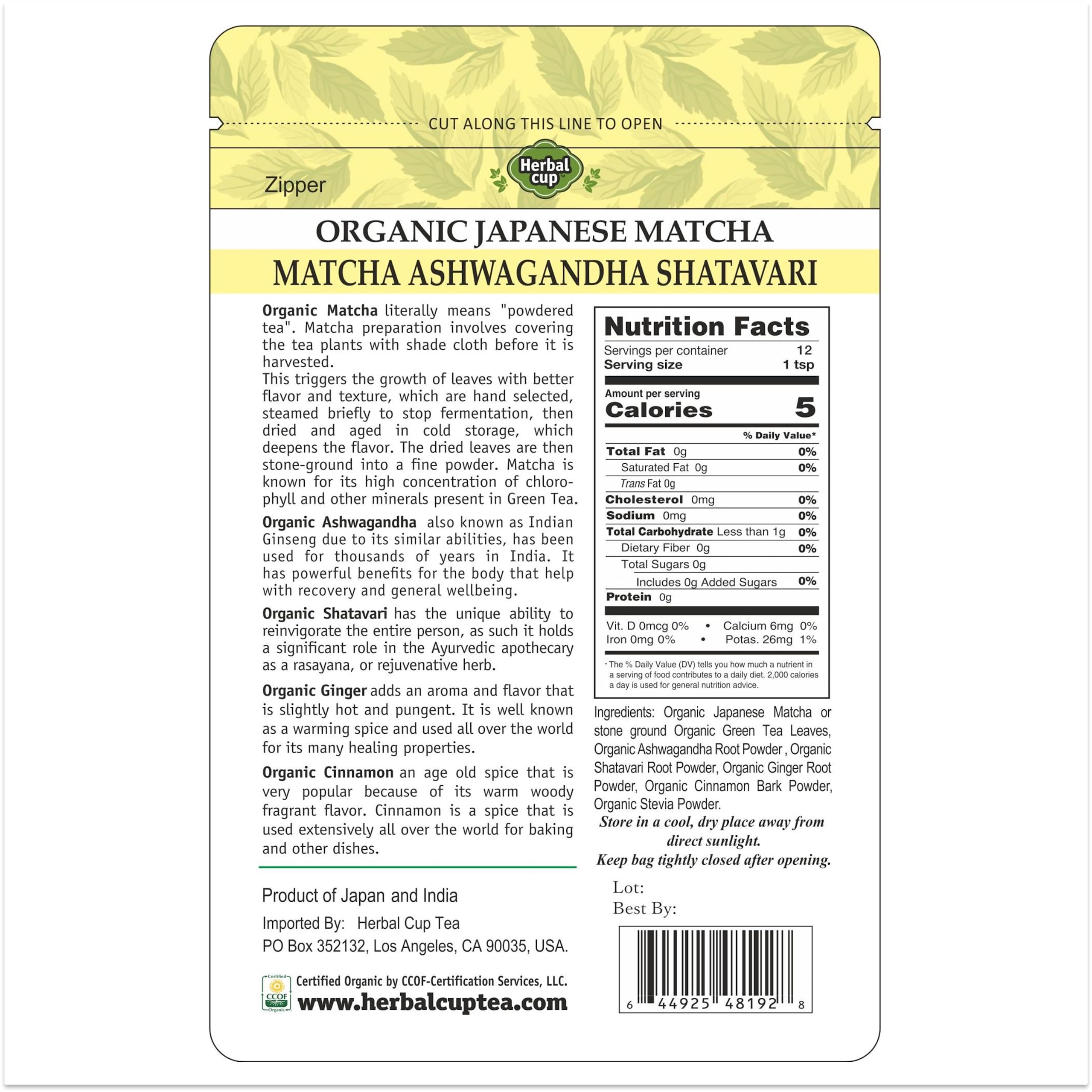 Herbal Cup Tea Organic Japanese Matcha Ashwagandha Shatavari 2oz — view 2