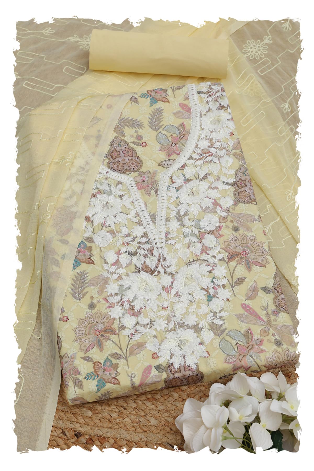 Womens Cotton Botanical Print Unstitch Dress Material With Thread Work