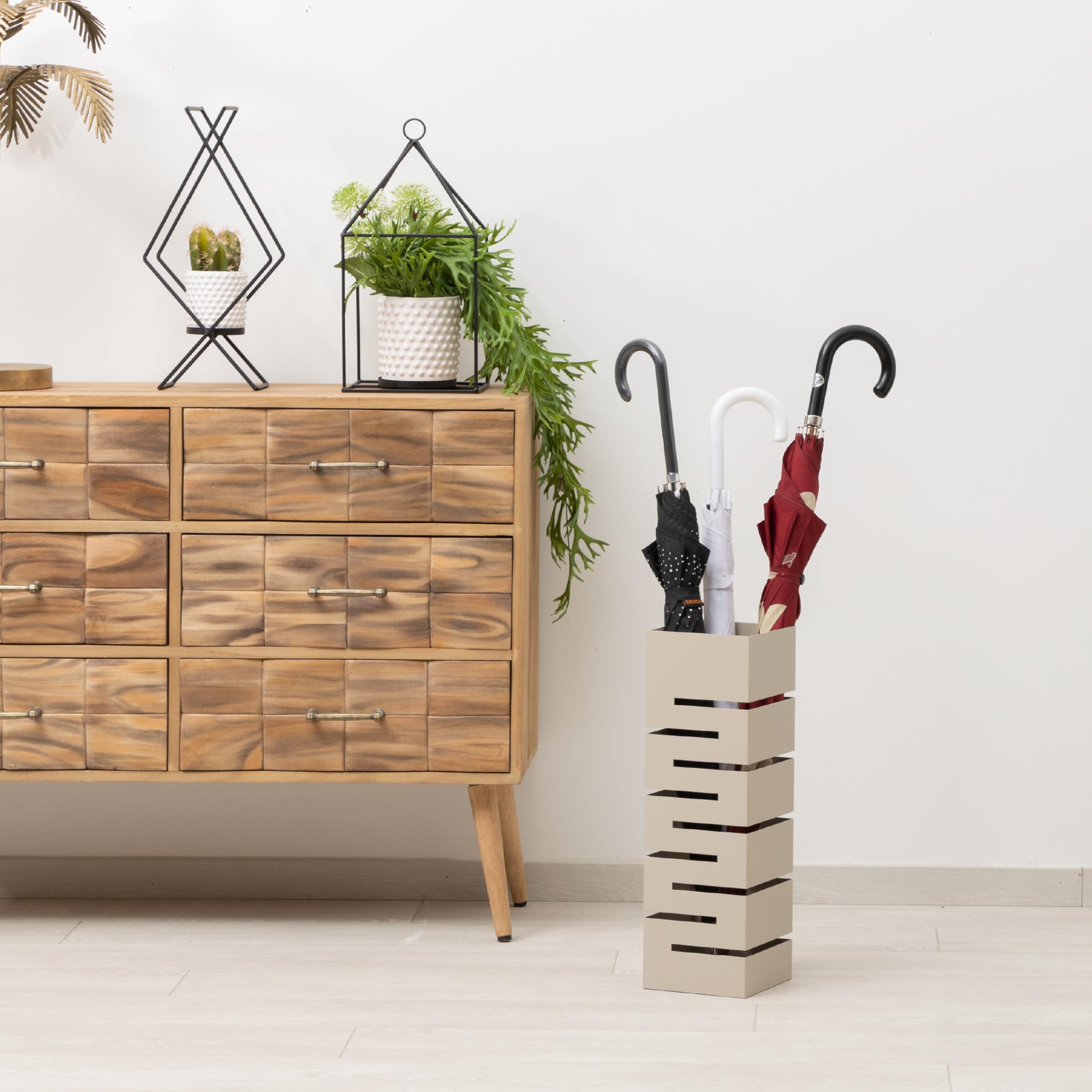 Baroni Home uchwyt na parasole nowoczesny design drzwi metalowe parasole geometryczne tortora z 2 haczykami i wyjmowaną tacą na szyję 15,5x15,5x49 cm…