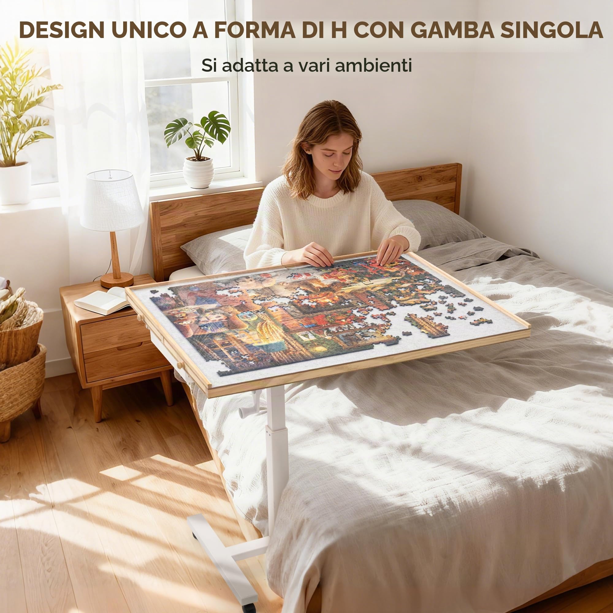 ROPODA Tavolo da Puzzle 1500 pezzi, Tavolo per Puzzle con 6 Cassetti, Copertura e 4 Ruote, Tavola Puzzles Regolabile per Adulti con 4 Angoli di Inclinazione, Puzzles Board in Legno, 89 x 68 cm