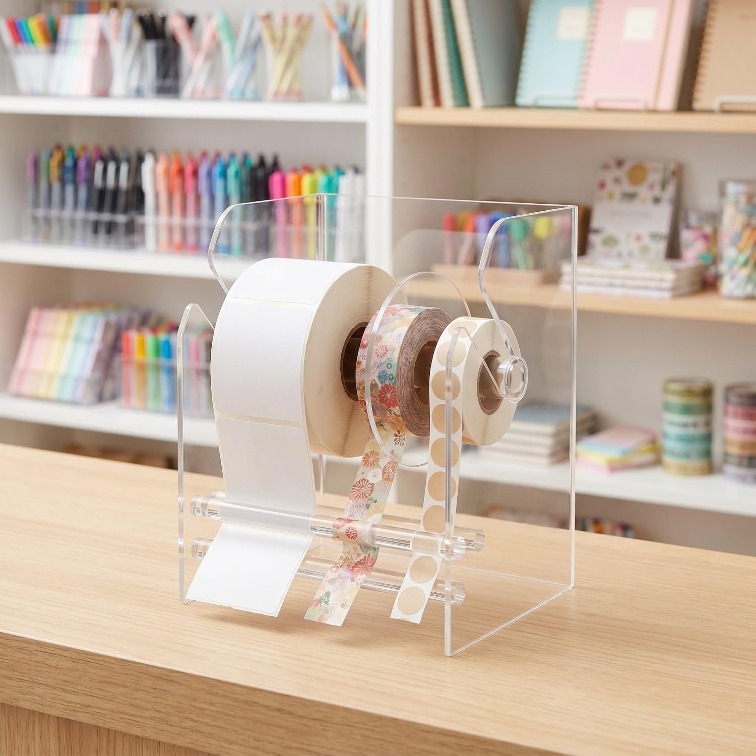 YARNOW Acrylic Label Roll Dispenser: 3 Slots Adjustable Sticker Tape Dispenser - Desktop Clear Label Roll Holder for Planner Scrapbook and Office Use