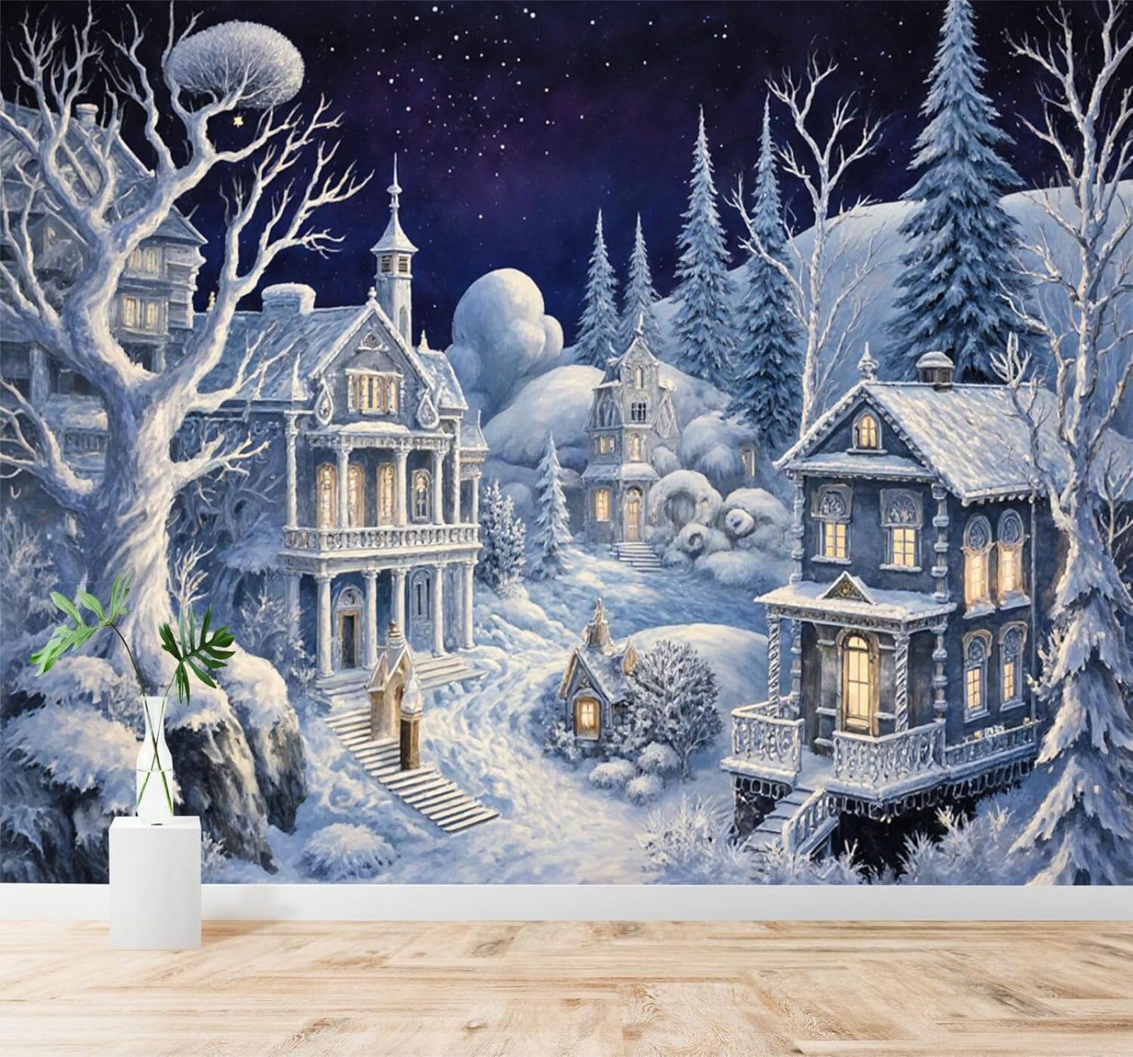 Xlming 400Cm×280Cm(B×H) Winter Village Snowy Landscape Cosy Houses Starry Sky 3D Wallpaper Premium Textured Silk Study Dining Living Room Bedroom Sofa Tv Wall Easy Install-400Cm×280Cm