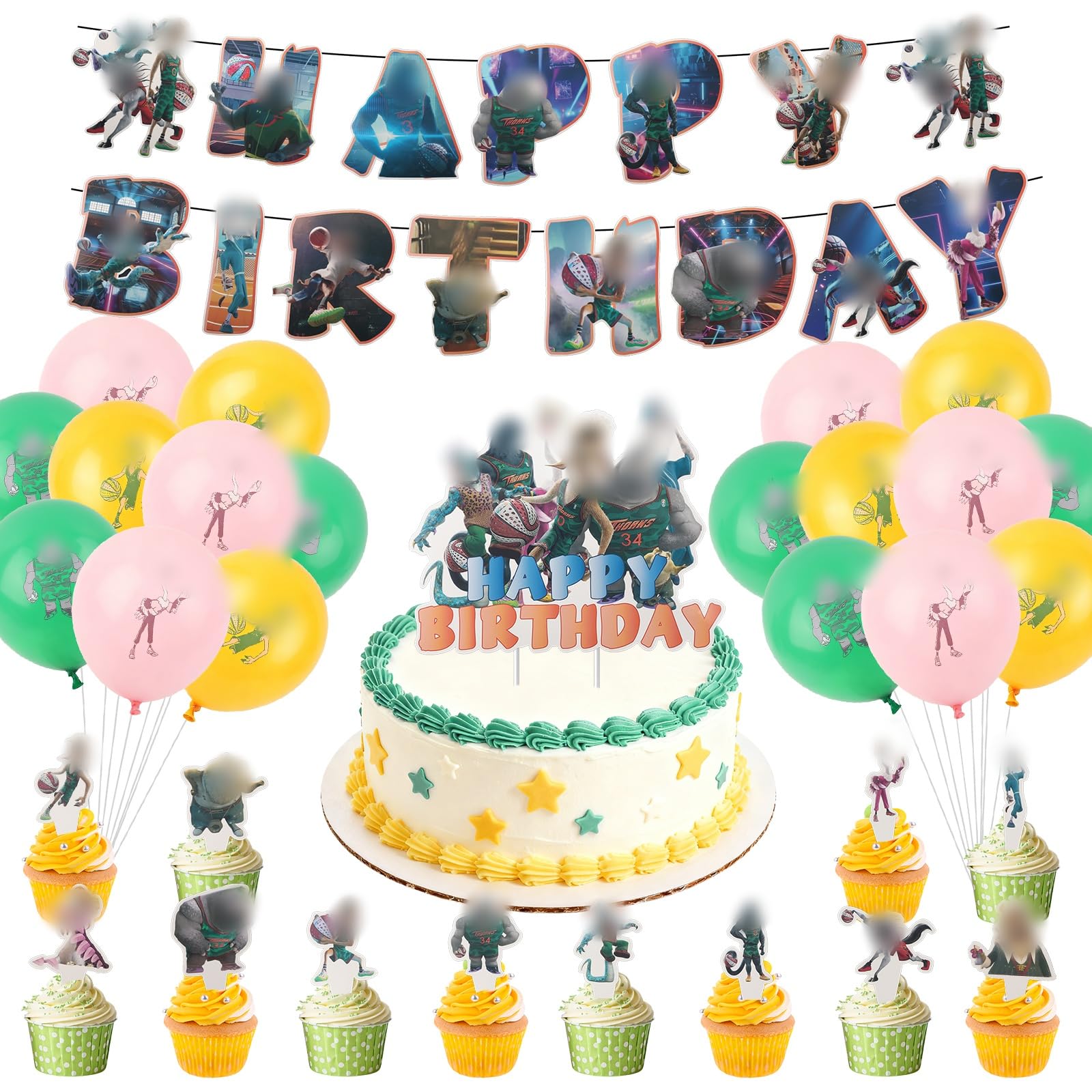 Birthday Party Decorations Supplies- 32pcs Anime Happy Birthday Banner Set includes Balloons Cake Decorations Cake Topper Cupcake Toppers, Birthday Decoration for Fan Girls Boys Party Decoration