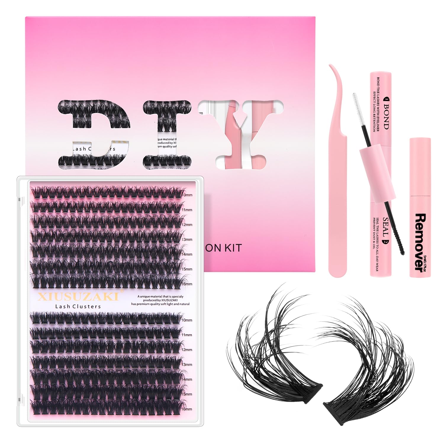 XIUSUZAKI DIY Lash Extension Kit Individual Lash Clusters Kit 280Pcs with Lash Bond and Seal and Remover Tweezers for Lash Cluster Extensions Kit for