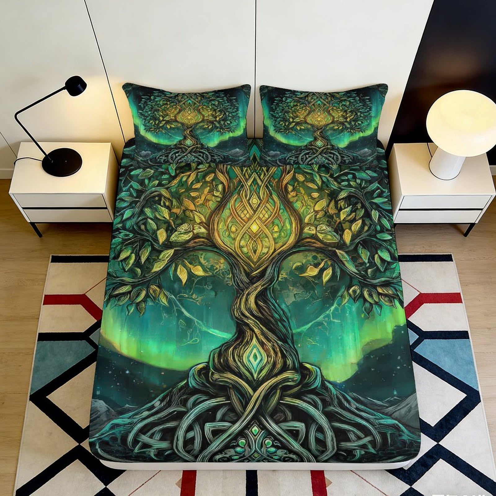 3D Printed Mystic Tree Fitted Sheet Microfiber Soft Breathable Celtic Knot Bed Cover for Bedroom Dormitory Guest Room Mattress Protection Decor 120x200x25cm