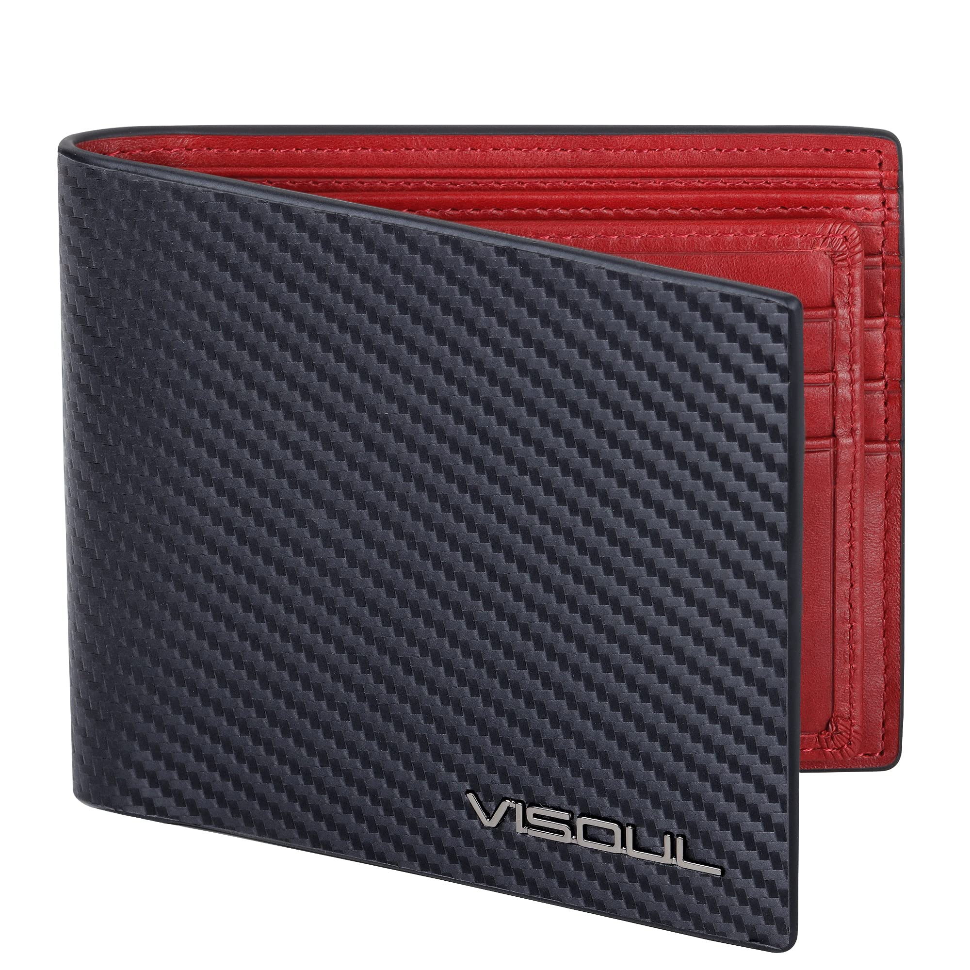 VISOUL Hombre de Fibra de Carbono de Cuero Billeteras Bifold con Bloqueo RFID, Cuero Genuino Cartera con 1 Ventana de ID, 2 Bolsillos para Billetes y 14 Ranuras para Tarjetas(Carbono Negro+Rojo)