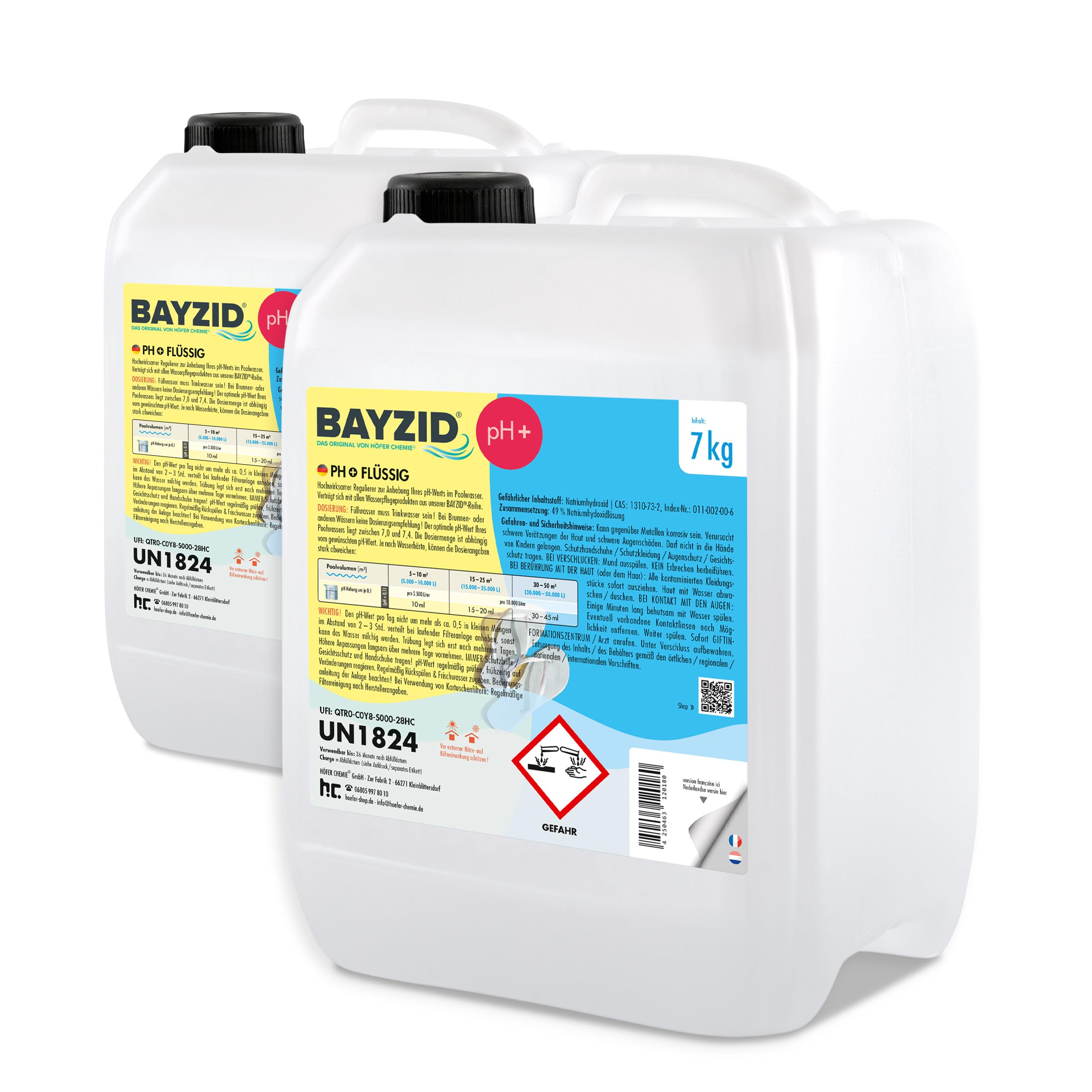 BAYZID® pH Plus Liquide - Augmenteur de pH pour Piscine - Bidon de 2 x 7 kg (14 kg) - Compatible Tous Traitements - Qualité Pure et Stable