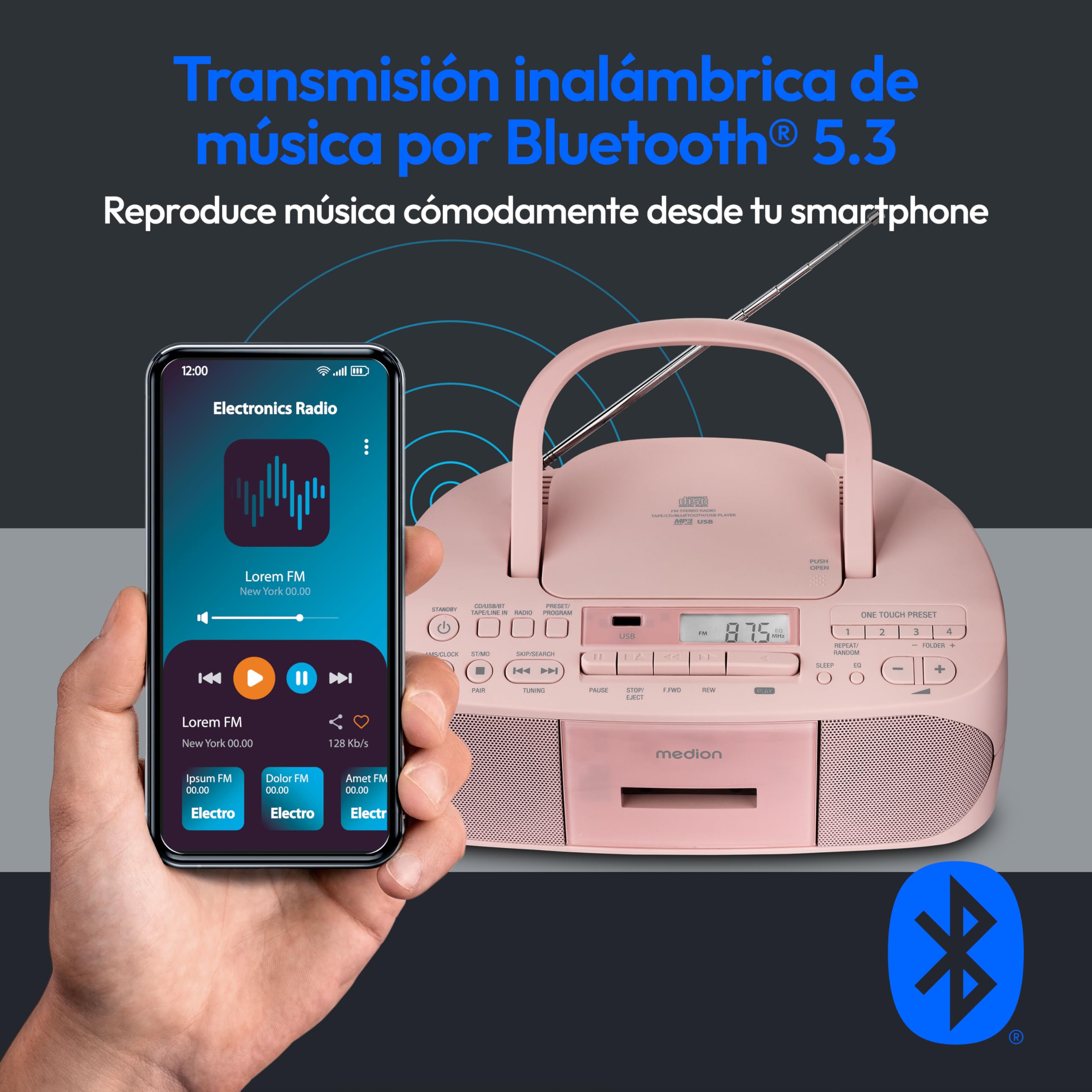 MEDION E65010 Radio estéreo (Reproductor de CD, Casete, conexión USB, Entrada de Audio AUX, reproducción MP3. Radio FM PLL, Memoria para 40 emisoras, Funcionamiento con Pilas, Mando a Distancia) Rosa
