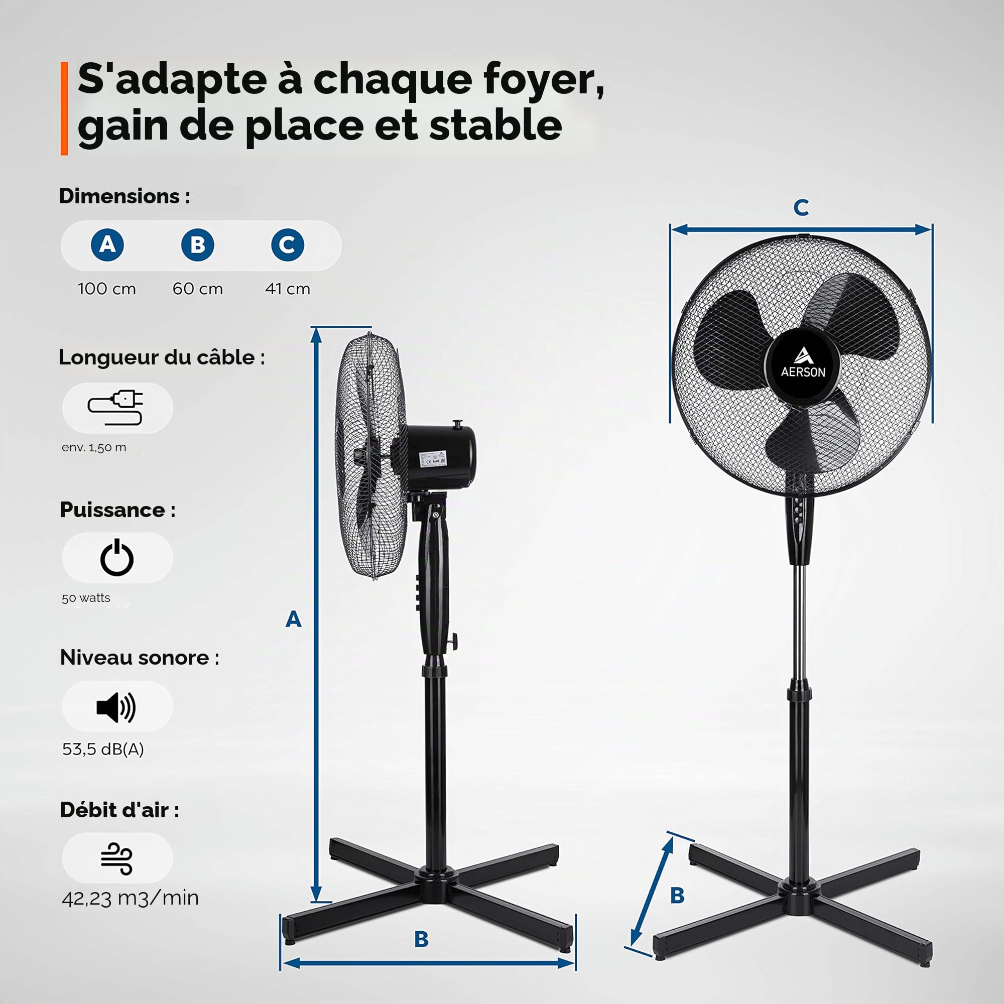 AERSON Ventilateur sur pied 40 cm | Ventilateur réglable en hauteur jusqu'à 120 cm | Débit d'air élevé et très silencieux | Éolienne avec 3 vitesses | Fonction d'oscillation env. 80°