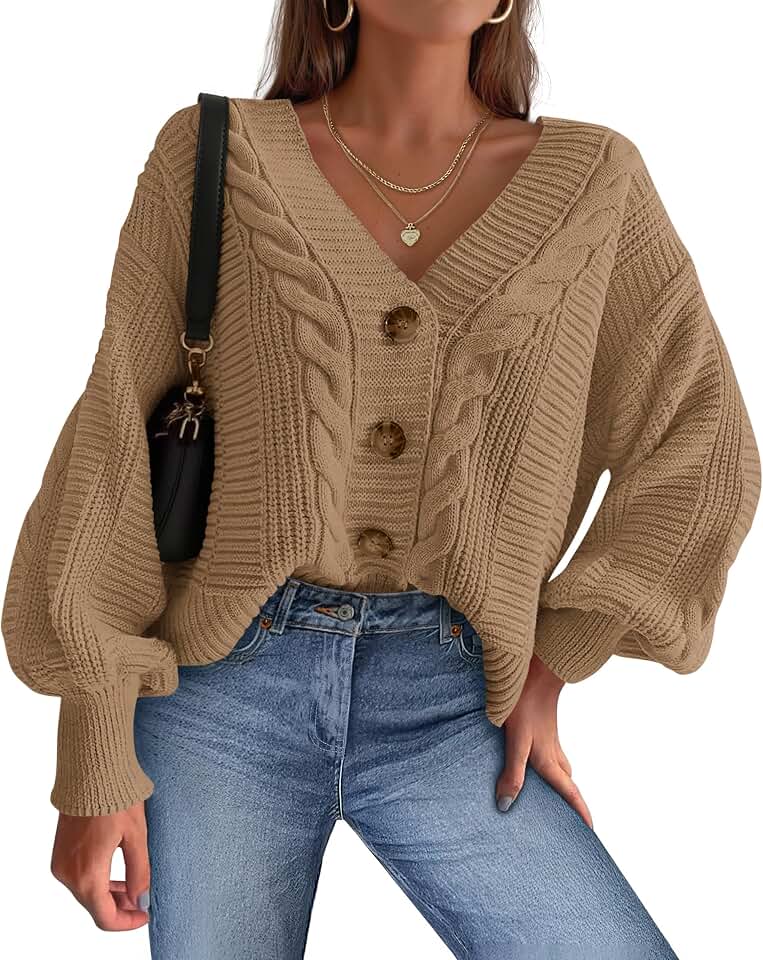 dowerme Cardigan Sweaters for Women Spring Fashion 2026 V Neck Long Sleeve Chunky Cable Knit Sweater Button Outwear