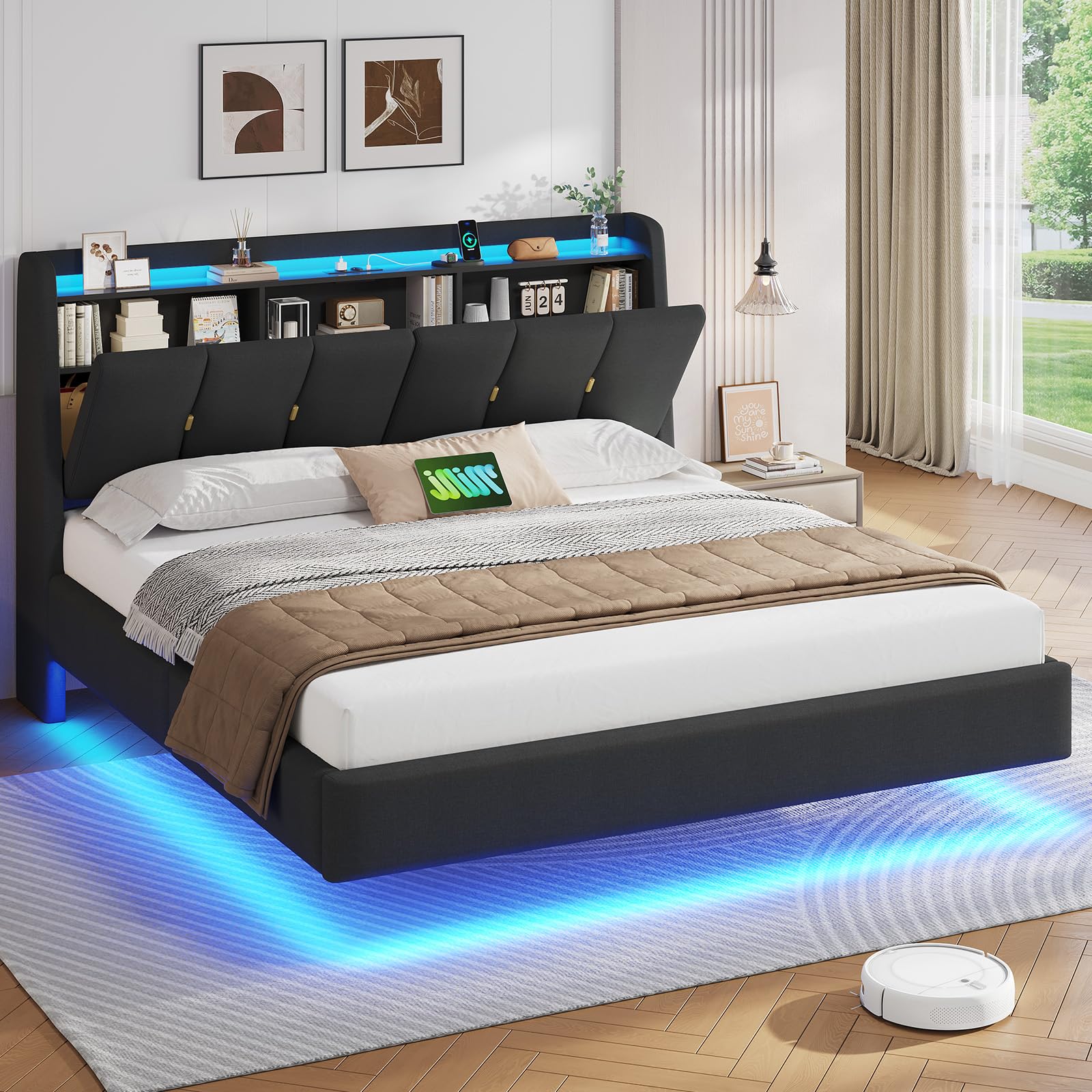 Brinlawb Lit Flottant 180x200 cm avec Dossier Confortable Incliné Rembourré et Rangement Caché, Lit 180x200 avec Sommier avec Éclairage LED et Multiprise (2 Prises AC, 1 USB-A et 1 USB-C) Lin Gris