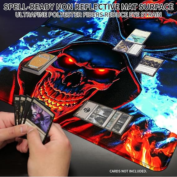 MTG Playmat 24x14 Inch,Skull in Blue Orange fire Magic The Gathering Playmat,TCG Playmat with Stitched Edges Non-Slip Rubber Base,Duskmourn Commander OCG CCG Card Board Game Mat Mousepad Desk Mat
