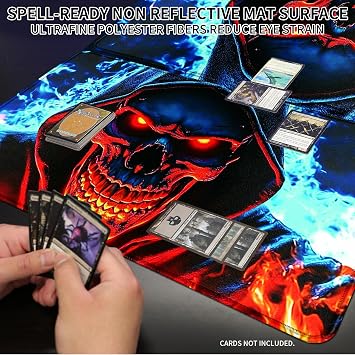 MTG Playmat 24x14 Inch,Skull in Blue Orange fire Magic The Gathering Playmat,TCG Playmat with Stitched Edges Non-Slip Rubber Base,Duskmourn Commander OCG CCG Card Board Game Mat Mousepad Desk Mat
