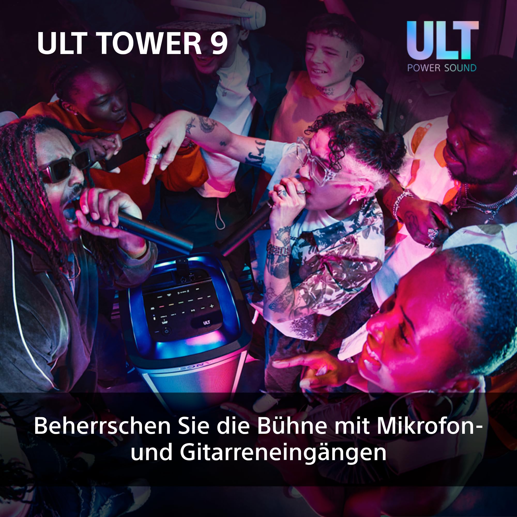 Sony ULT Tower 9 - Ultimativer Bluetooth-Party-Lautsprecher, 25 Stunden Batterie- und Netzbetrieb, 2 ULT Power Sound Modi, X-Balanced Speaker, 360° Beleuchtung & Sound, Karaoke-Eingänge - Schwarz