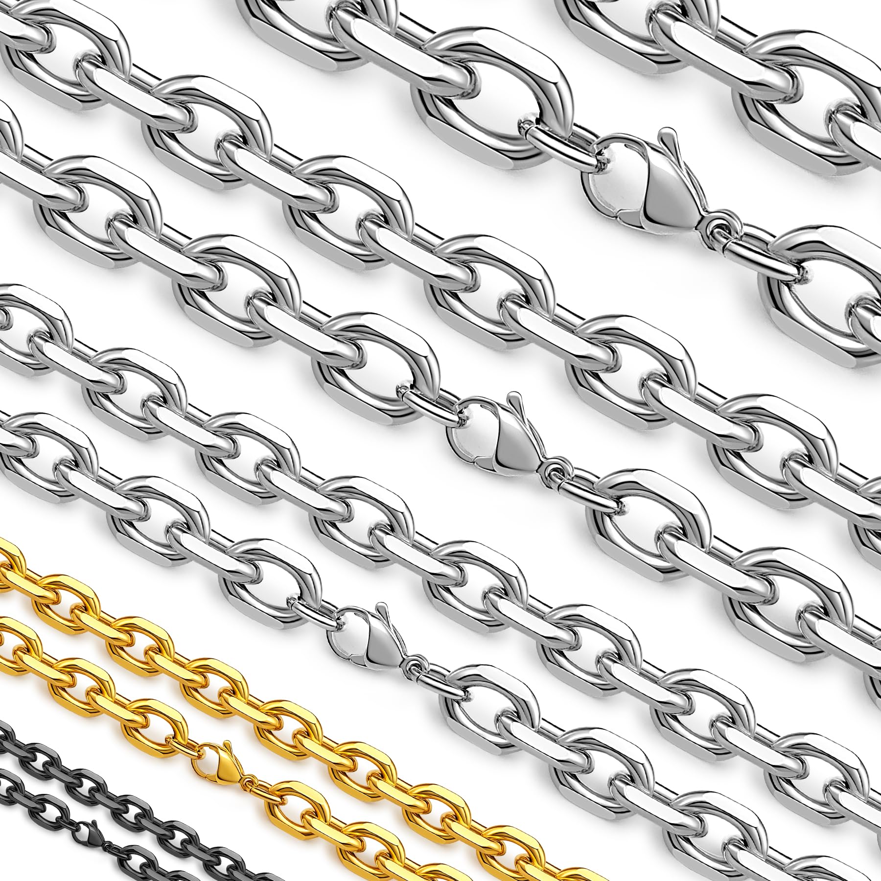 Hoyazvet Cable Chain Stainless Steel Necklace for Men Women, 3/5/8/10/13MM Width, 18K Gold/Black Metal/316L Stainless Steel Sturdy Rolo Link Chain Necklace, 18-30inch Length