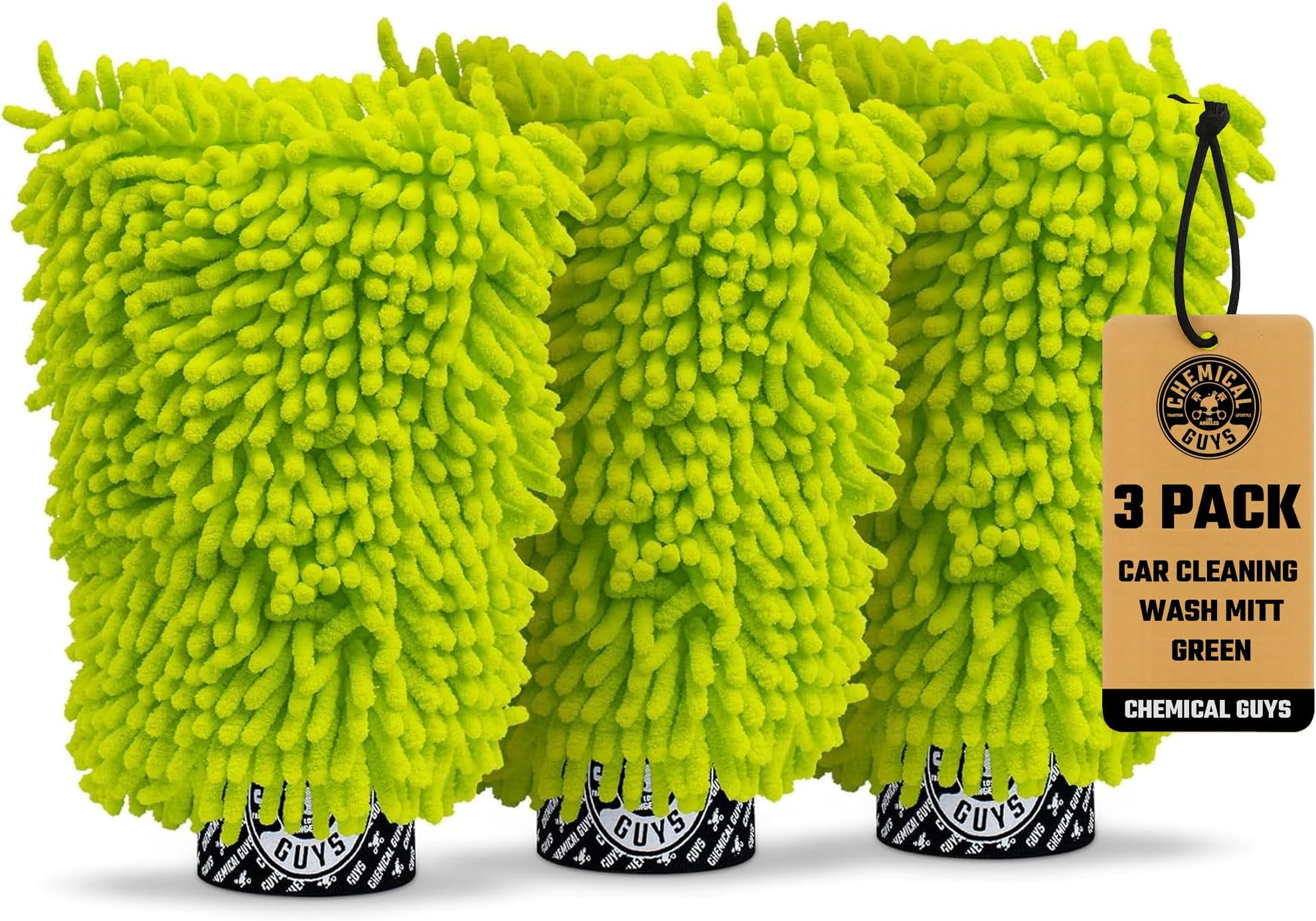 Chemical Guys, Chenille Premium Scratch-Free Microfiber Wash Mitt, Lime Green, 9.6" x 2.3" x 7" (3 Pack) - MIC49303