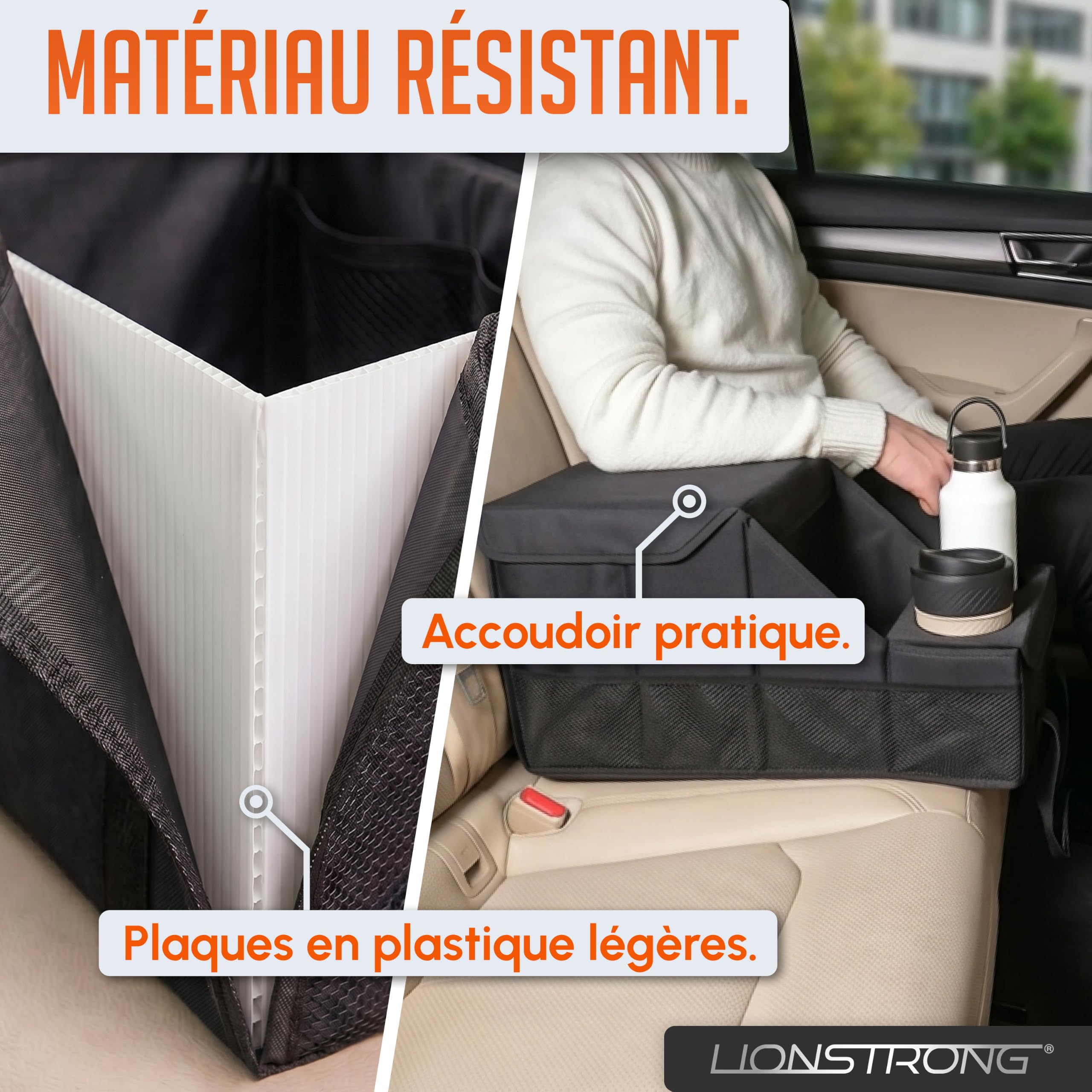 LIONSTRONG® Organisateur de Voiture [TRÈS STABLE GRÂCE AUX PANNEAUX PLASTIQUE] - Organisateur Universel Siège Arrière et Siège Avant - Idéal pour les Vacances - Espace pour Jouets - Résistant à l'Eau