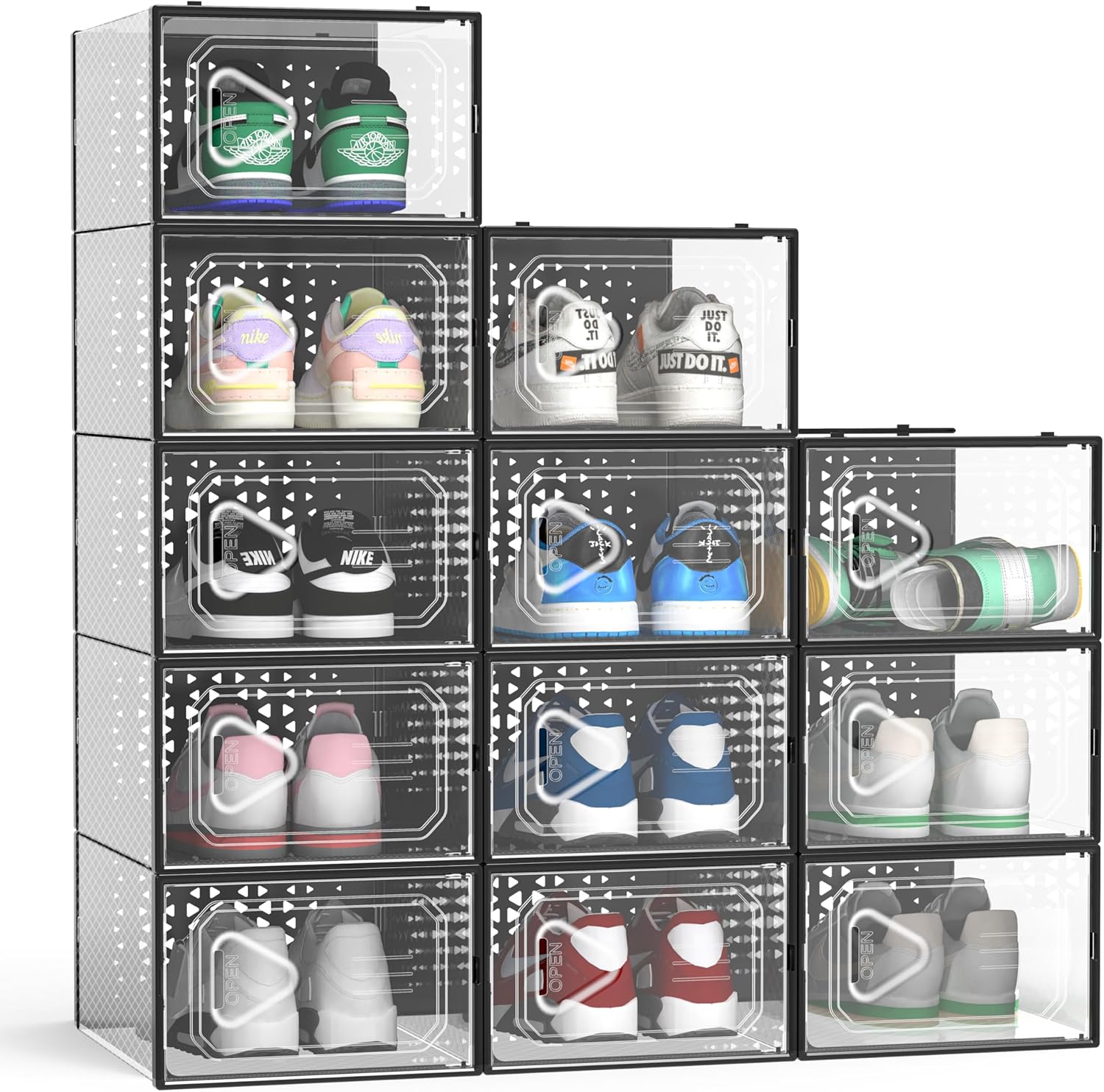 Hrrsaki X-Large Shoe Storage Organizer Boxes, Clear Shoe Boxes Stackable Shoe Organizer for Closet, Shoe Containers Bins with Lids, Space Saving for Entryway, Black, 12 Pack, Fit Size 11 black 12 Count Fit Size 11