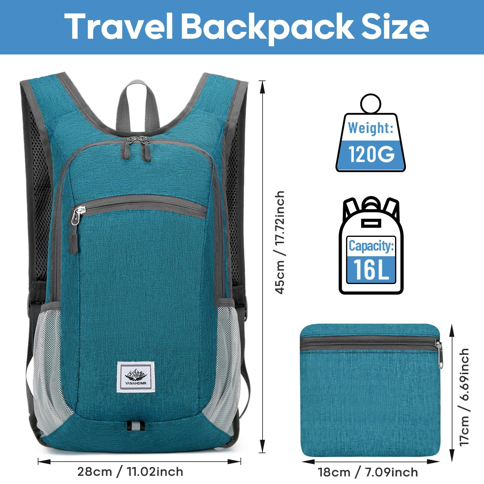 Zusentee Zaino Pieghevole Ultraleggero 16L Zaino Trekking Donna Impermeabile Uomo per Trekking Viaggio Brevi Escursioni Ciclismo Uomo