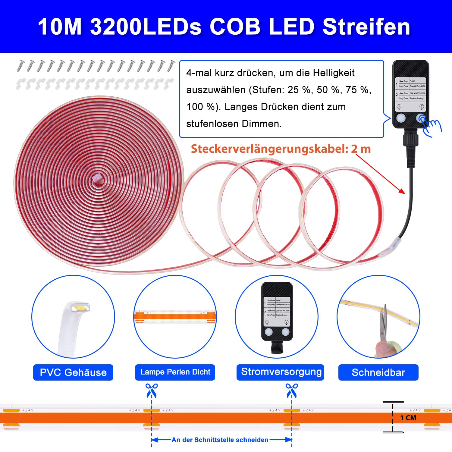 StarryEver COB - Tira LED para exteriores, flujo de 10 m, 3200 LED, tira azul, IP67, impermeable, regulable, para exteriores, tira de luz, autoadhesiva, para jardín, balcón, cocina, interior, sala de