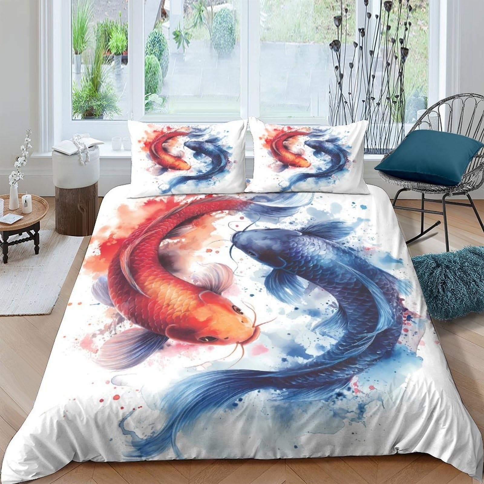 GPLZQXKJNH 3D Printed Koi Fish Duvet Cover Microfiber Soft Breathable Watercolor Bedding Set with 2 Pillowcases for Bedroom Decor, Single（135x200cm）