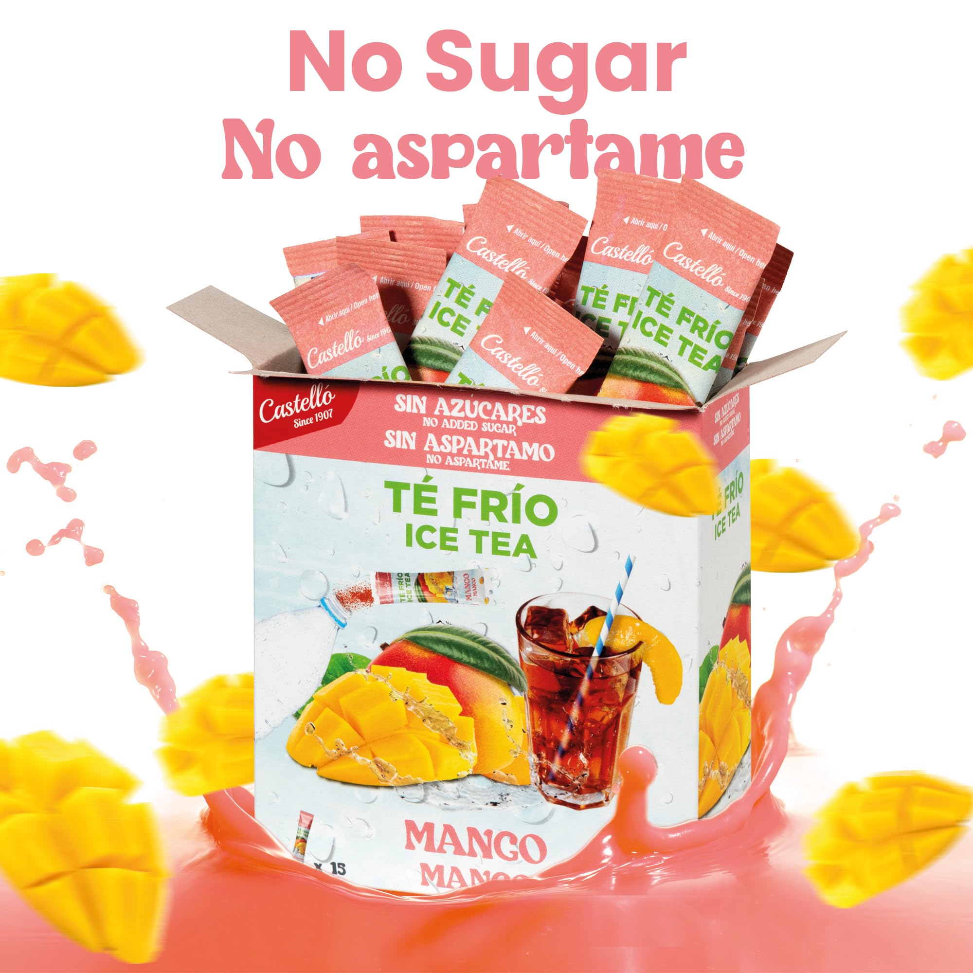 Castello since 1907 Té Frío (Ice Tea - Iced Tea) Zero & Instantáneo | Mango | 15 sobres | 1 sobre = 500 ml de Té | 0 Calorías | 0 Azúcar | 0 Aspartamo