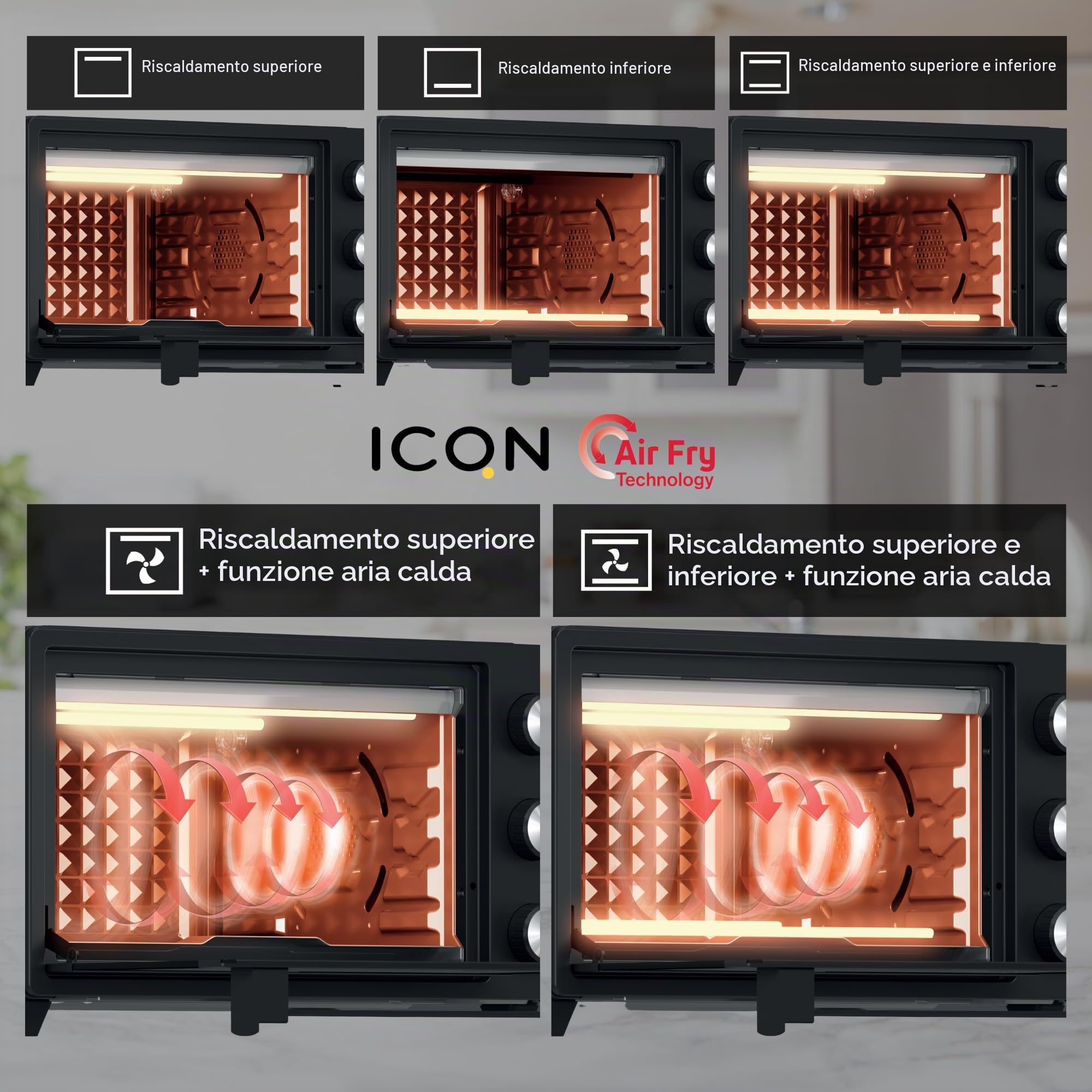 ICQN Forno Elettrico con Airfry 20 Litri, 1500 W, Forno pizza, 5 funzioni di cottura, Ventilato, Timer 90 minuti, Mini Forno, Temperatura tra 40° - 250° C, Griglia e leccarda inferiore, Nero