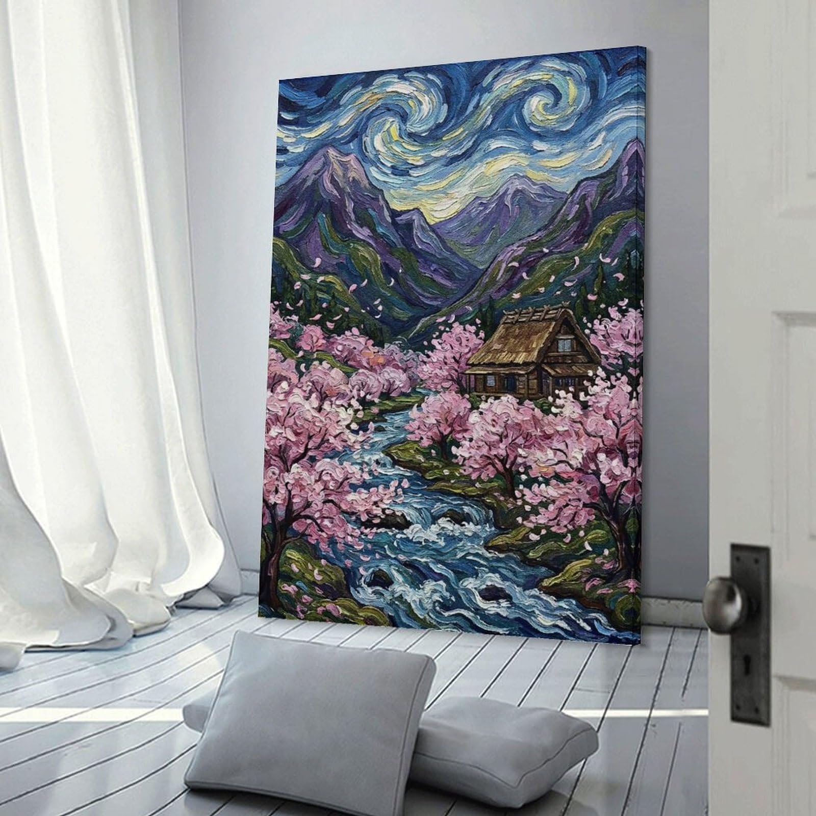Junmoney Canvas Wall Picture Van Gogh Inspired Japanese Village Painting, 24x36inch(60x90cm), for Study, Office Or Focused Interiors, Wall Art That Adds Style to Work Areas