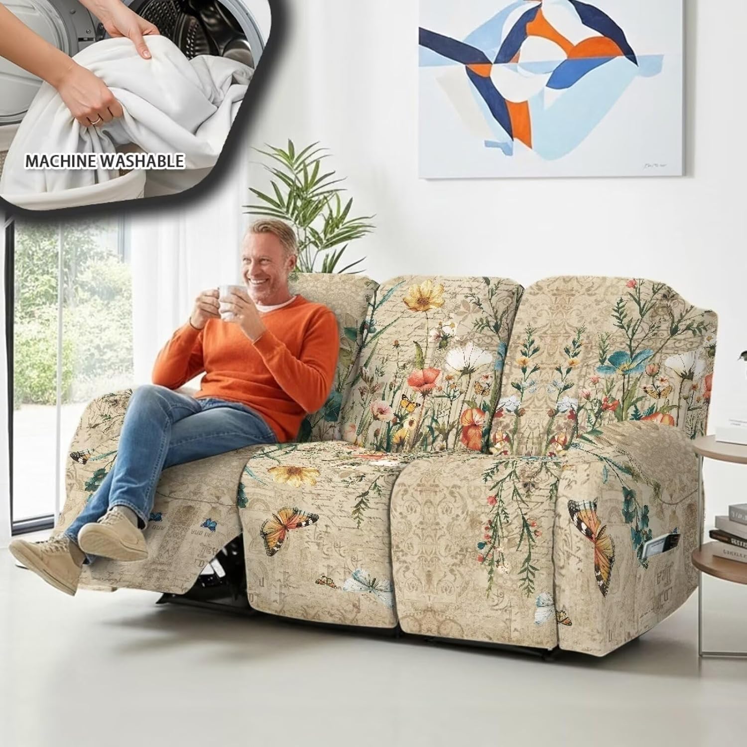 3 Seat Recliner Covers Floral Patterned Furniture Protection for Recliners 3 Seater, Washable Reclining Couch Cover Soft, Easy to Clean