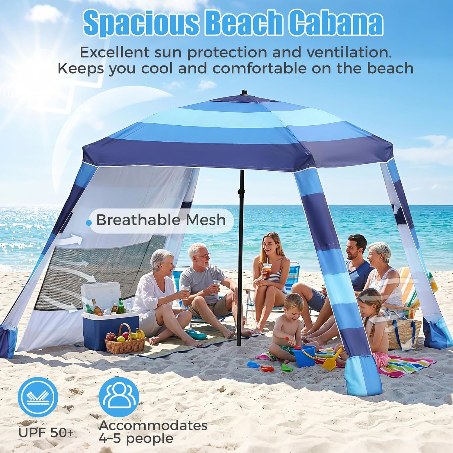 Beach Cabana,3 Side Curtains,7.2 * 7.2 FT Cool Cabanas for 5-6 People, Beach Canopy with Sand Bags,Easy Beach Shade, Beach Tents for Family, Adjustable Height,Blue