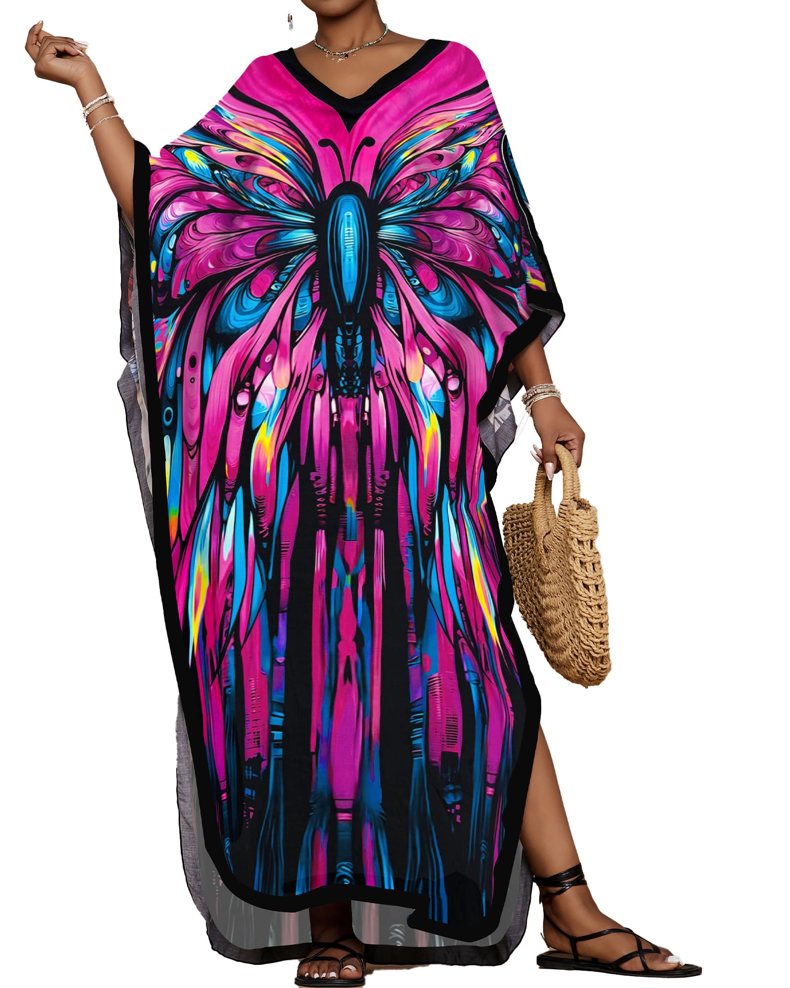 Bsubseach Kaftan Dresses for Women Floral Print Caftans Bathing Suit Cover Ups Plus Size Long Beach Coverup Dress