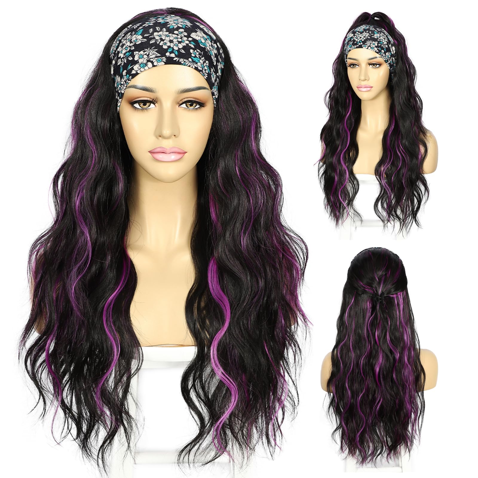 Sapphirewigs Body Wave Headband Wig Black Highlights Violet Synthetic Long Wavy Wigs for Women Glueless Hair Natural Looking 150% Density 26 inch