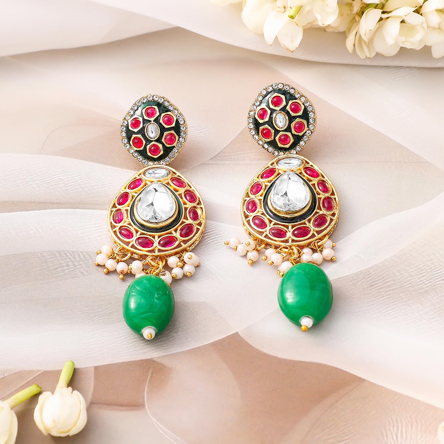 Rubans Kundan placcato oro & rubino, pietra verde tempestata e perline collana da sposa set