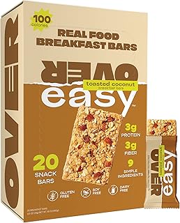OVER EASY Toasted Coconut Mini Breakfast Bars (20ct) 100 Calorie Snack Bars - All Natural Mini Snacks with 3g Protein & 3g Fiber - Dairy Free, Soy Free, Gluten Free Bars