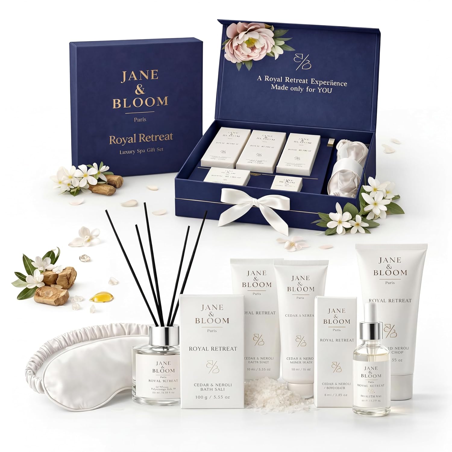 Royal Retreat Luxury Spa Gift Box, Cedar and Neroli Bath and Body Gift Set for Women, Relaxing Home Spa Kit with Bath Salt, Body Scrub, Body Oil, Hand Cream, Eye Mask and More