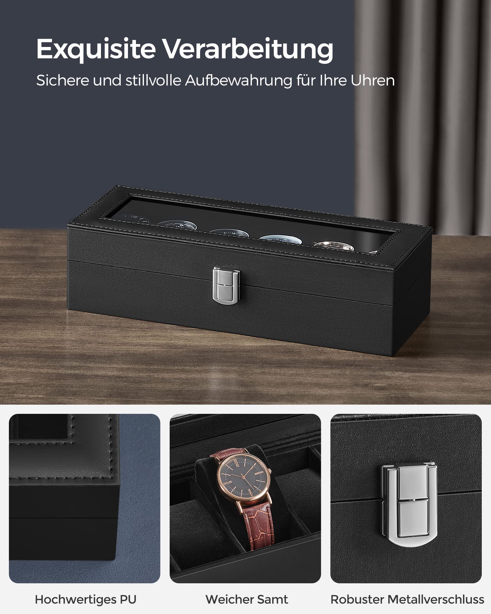 SONGMICS Uhrenbox mit 6 Fächern, Uhrenbox, Schatulle, Glasdeckel, abnehmbare Polster, Schloss aus Metall, schwarz beschichtet und Futter in Schwarz JWB06B01
