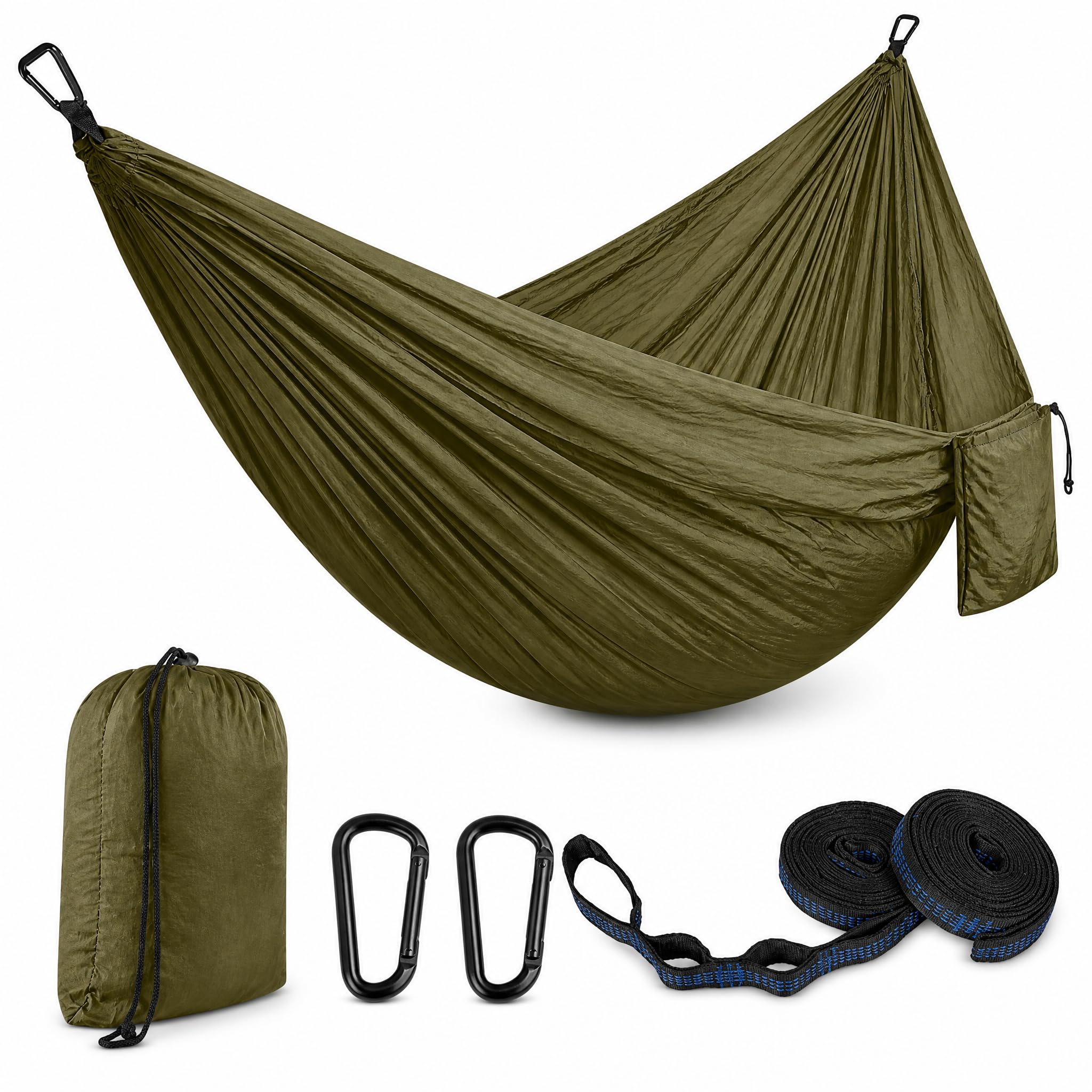 Amaca Doppia Ultraleggera Verde Militare 300 kg per Esterno Campeggio con Cinghie e Anelli a D