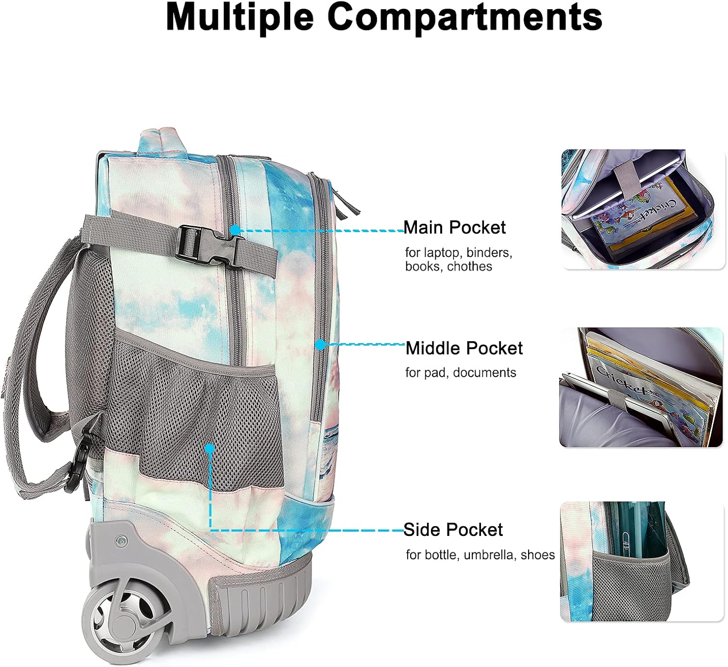 Tilami Rolling Backpack 19 inch with Lunch Bag Wheeled Laptop Backpack (Seaside) : Electronics