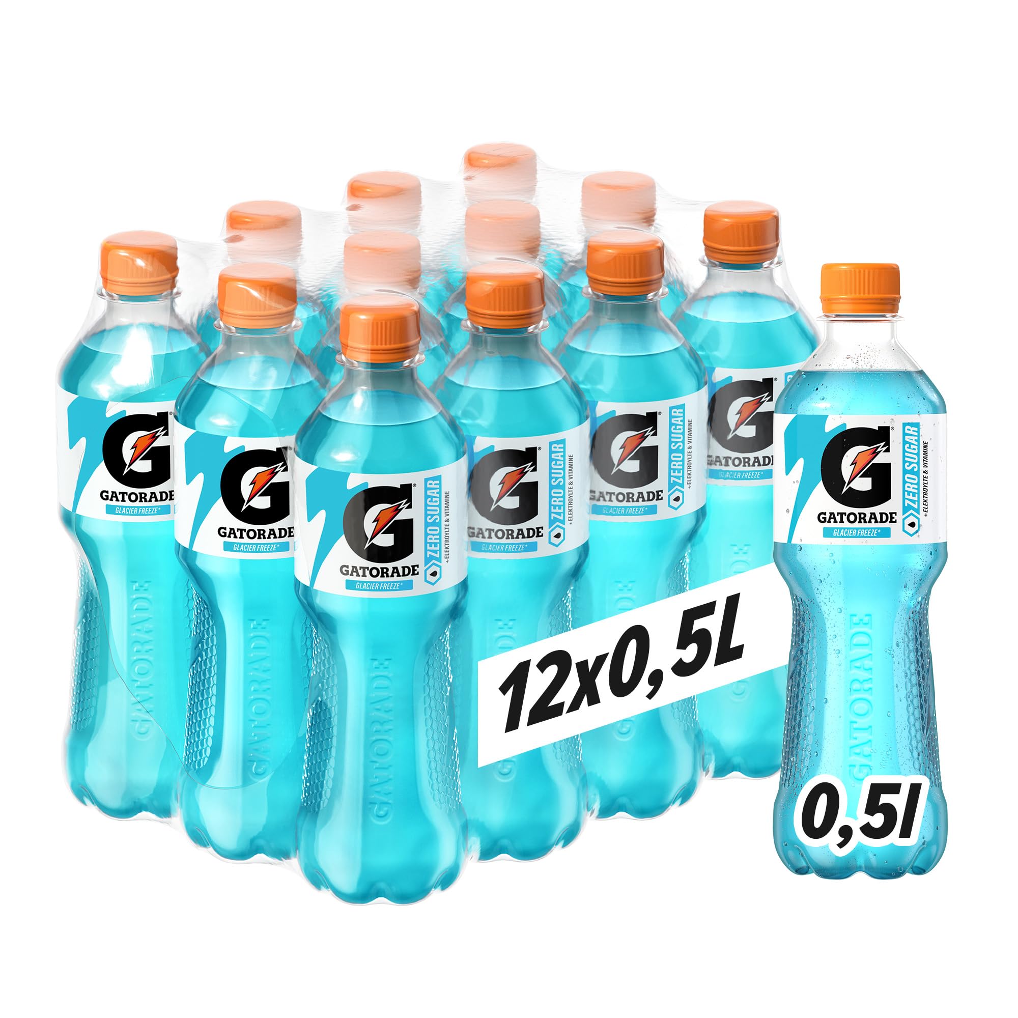 Gatorade Zero Glacier Freeze, kalorienarmes, zuckerfreies Sportgetränk mit Zitrus-Beerengeschmack, mit Vitaminen, in sportlicher PET-Einwegflasche (12 x 0,5 L)