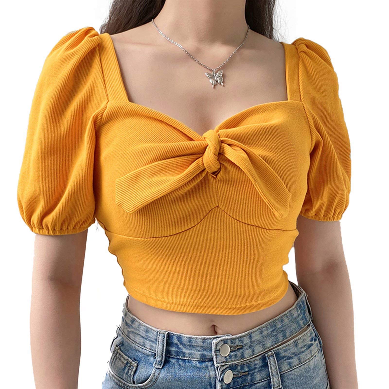 Women's Sexy V Neck Drawstring Front Cap Sleeve Crop Tops Summer Solid Colour Crop Blouse Tops