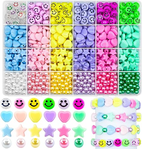 840 cuentas acrílicas de corazón y estrella con espaciadores de perlas, colores pastel surtidos para hacer joyas, pulseras y manualidades