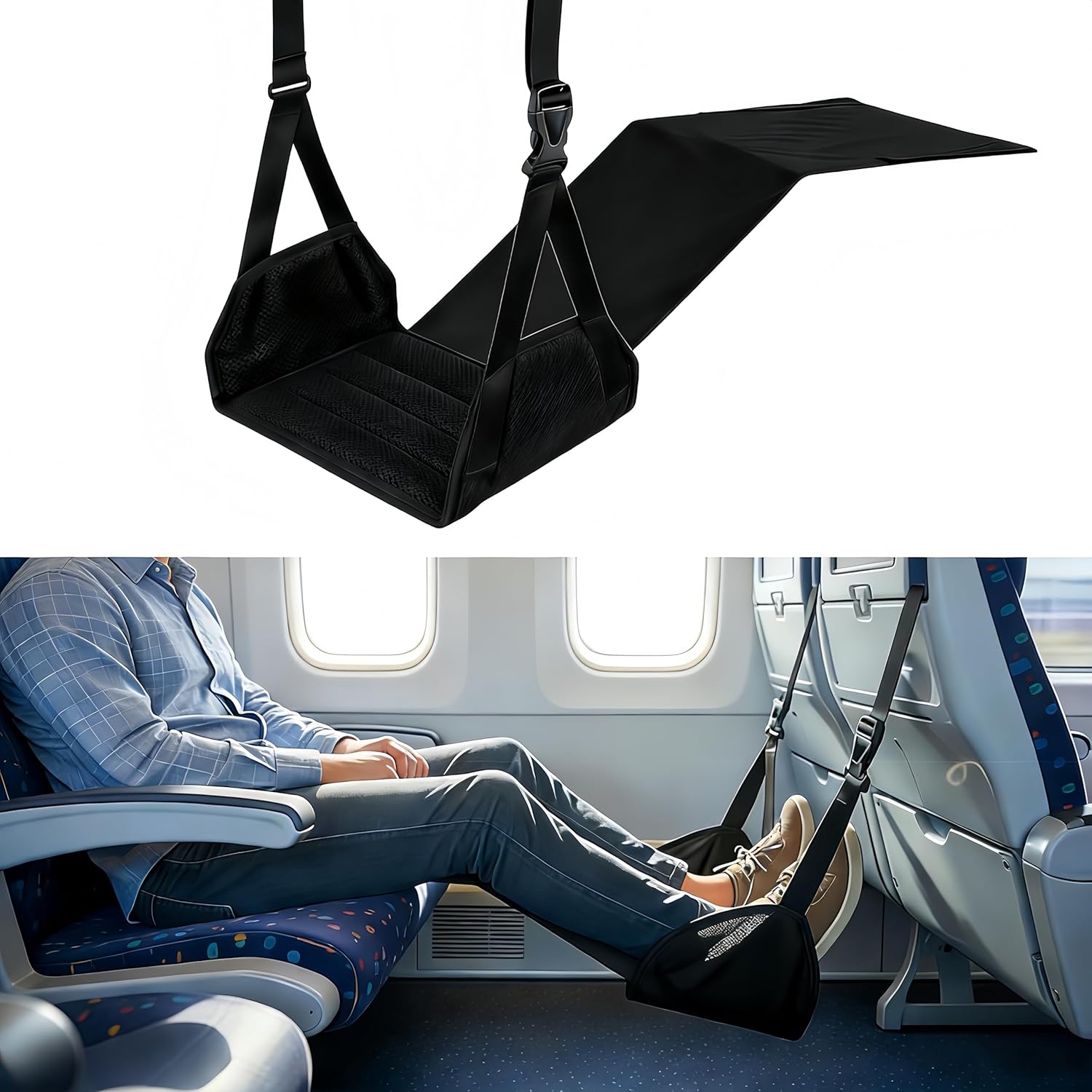 Portable Airplane Foot Hammock, Height Adjustable Feet & Leg Rest for Plane Travel, Office, Desk, Bus, Train, Long Trip (Black)
