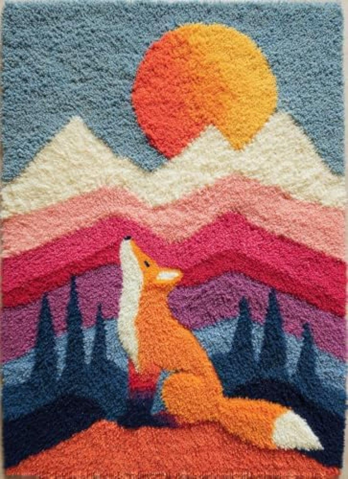 XDEGHUANGSS Latch Hook Rug Kit Fox and Mountains Cushion Cover DIY Craft Set Pre-Printed Mat 38x52cm for Home Decor